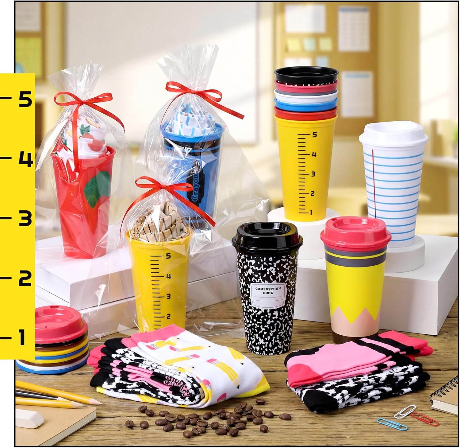 Yungyan 12 Set Teacher Appreciation Gifts Bulk Teacher Reusable Plastic Coffee Cup and Novelty Teachers Socks Thank You Gifts for Teachers Employee Team Coworker Staff Office Supplies(12 oz)