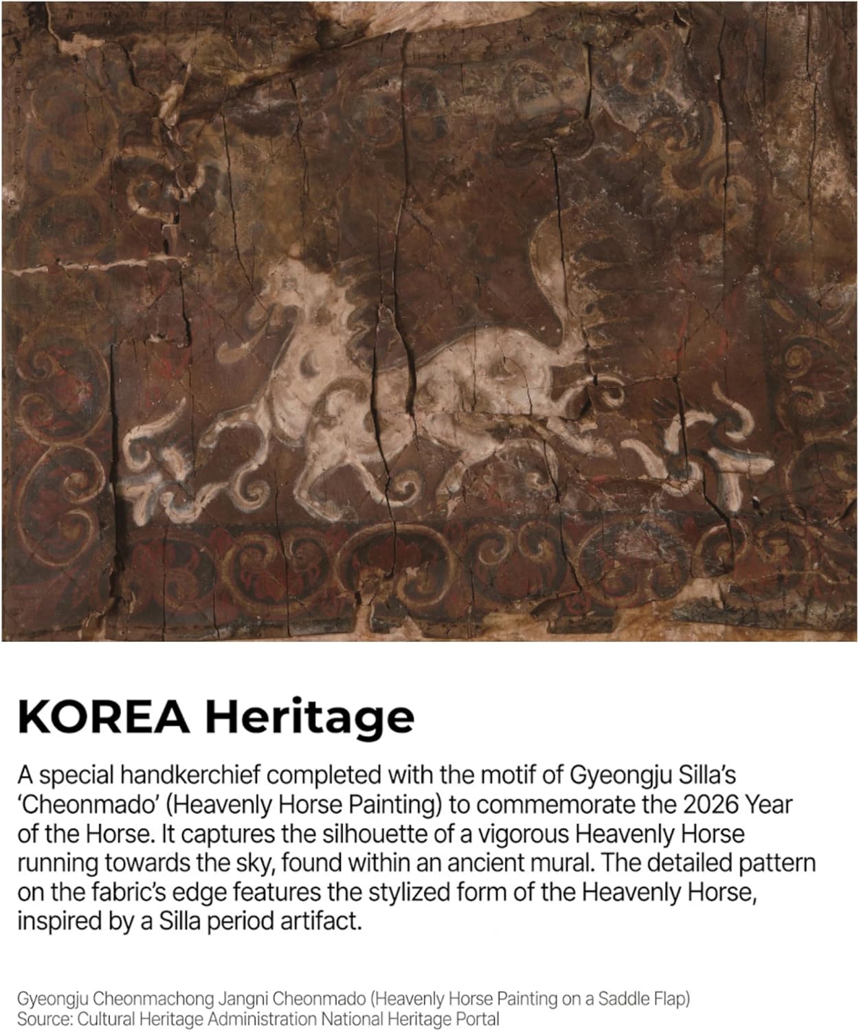 Shilla Cheonma Cotton Hanky, Korean Heritage Printed Square Scarf 50x50cm, Soft Giftable Traditional Motif Accessory
