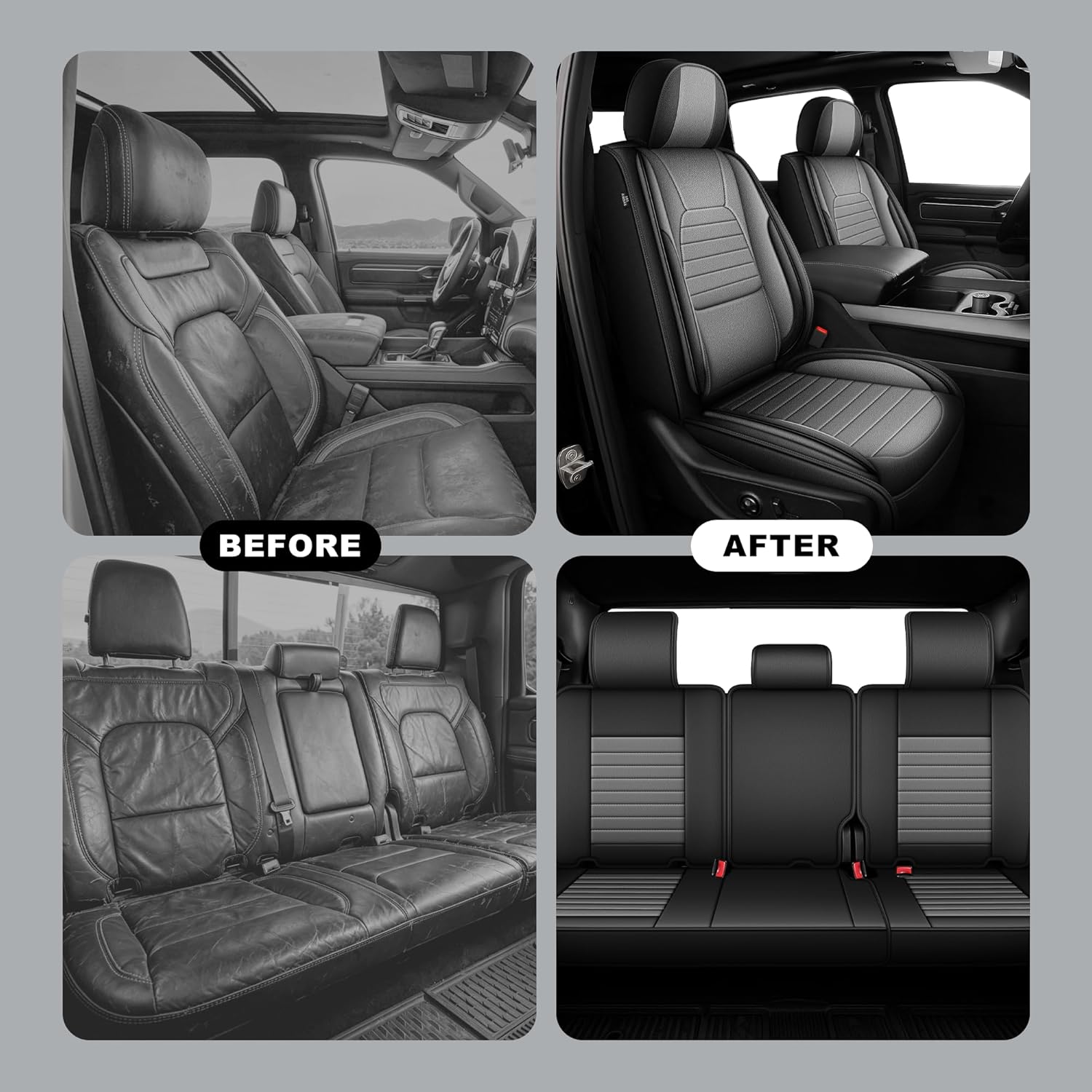 Seat Covers Full Set Custom Fit for Dodge Ram 1500 2500 3500 2002-2026 Waterproof Faux Leather Truck Seat Protectors Compatible with Crew Quad Regular Cab (Curved Bench, Black&Grey)