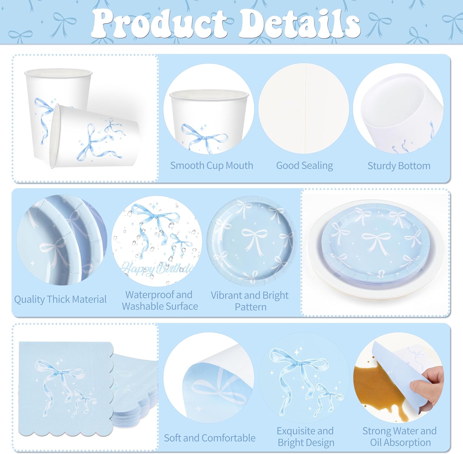 THAWAY Blue Bow Coquette Birthday Party Supplies, 220Pcs Includes Plates, Napkins, Cups, Straws, Cutlery, Tablecloths, Banners, Balloons, Ribbons & Glue Points, Serves 24 Guests