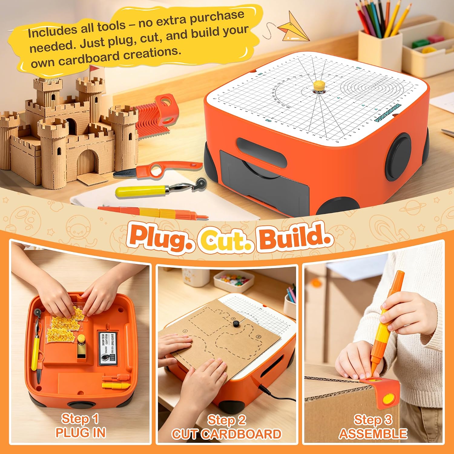 Safe Power Cardboard Cutter for Kids, STEM + STEAM Educational Toy for Boys and Girls Ages 5+, Include Cardboard Construction Kit, Art Tool for DIY Cardboard Projects, Engineering & Creativity