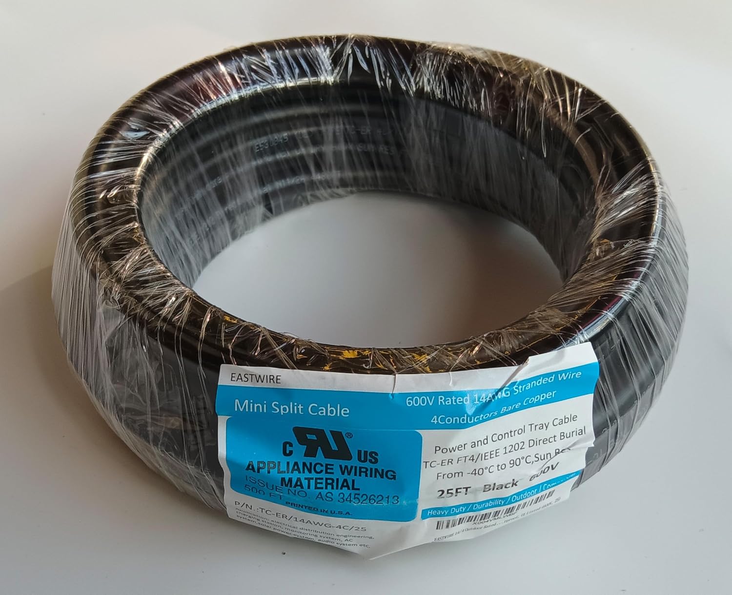 14/4 Outdoor Rated Mini Split Cable,14AWG 4 Conductors Bare Copper Wire for Air Conditioner and HVAC Systems,Weatherproof, Power and Control Tray Cable, UL Listed (600V, 50ft)