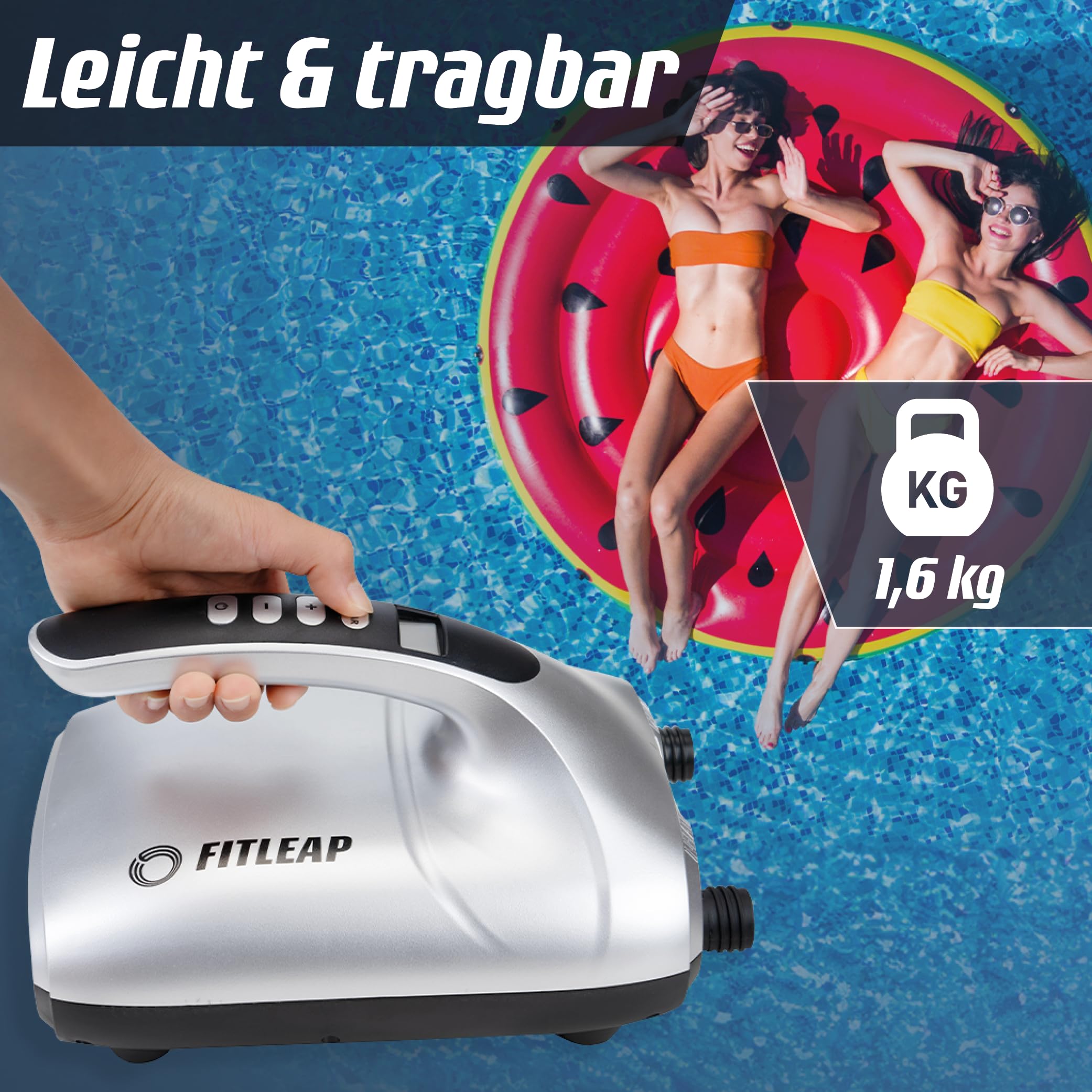 Fitleap SUP Pumpe elektrisch 20 PSI, pumpt das Board in wenigen Minuten auf | Zieldruck am LCD-Display genau einstellbar. Die Abschaltautomatik verhindert Überfüllung und Schäden an Ihrem Equipment