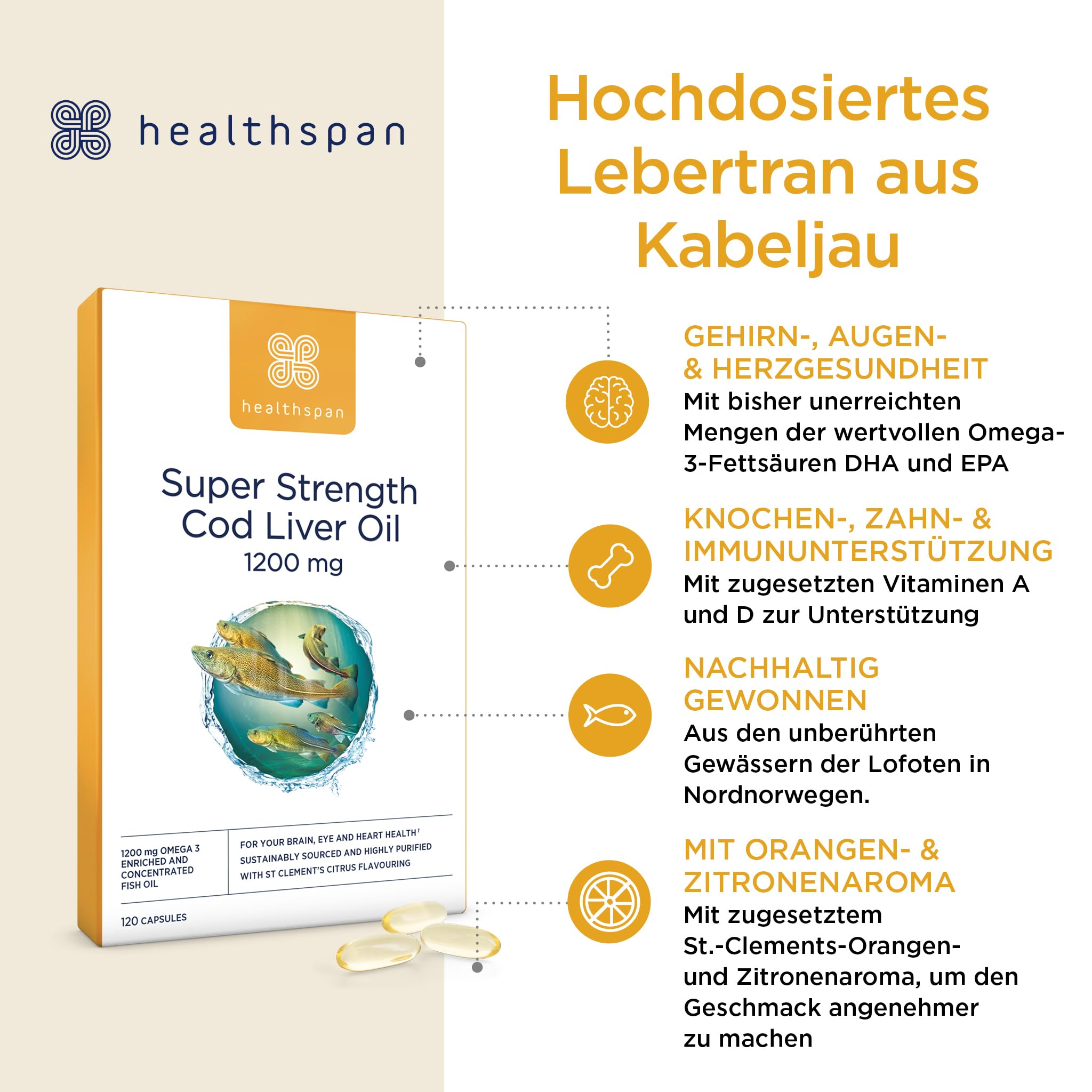 Healthspan Super Strength Lebertran 1.200mg | Unterstützt Herz-, Gehirn- und Augengesundheit | Zusatz von Vitamin A, D3 und Kalzium | Reich an Omega-3-Fettsäuren DHA & EPA | Nachhaltig | 120 Kapseln