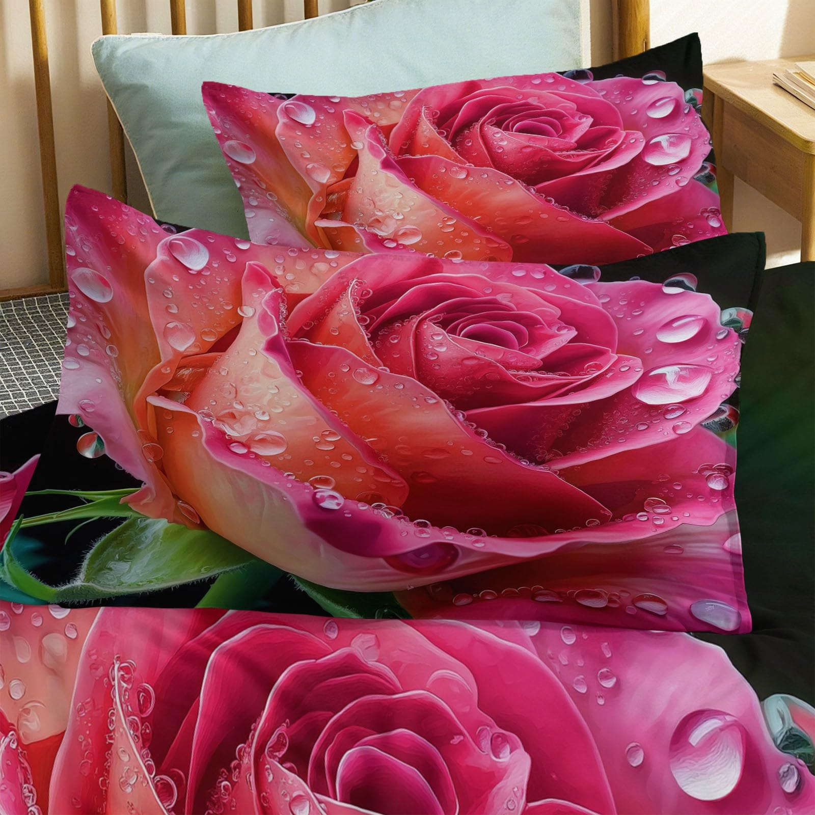 Set copripiumino super king size, 260 x 220 cm, morbido, stampato, motivo floreale romantico con rose, in microfibra spazzolata, reversibile, con 2 federe, nero