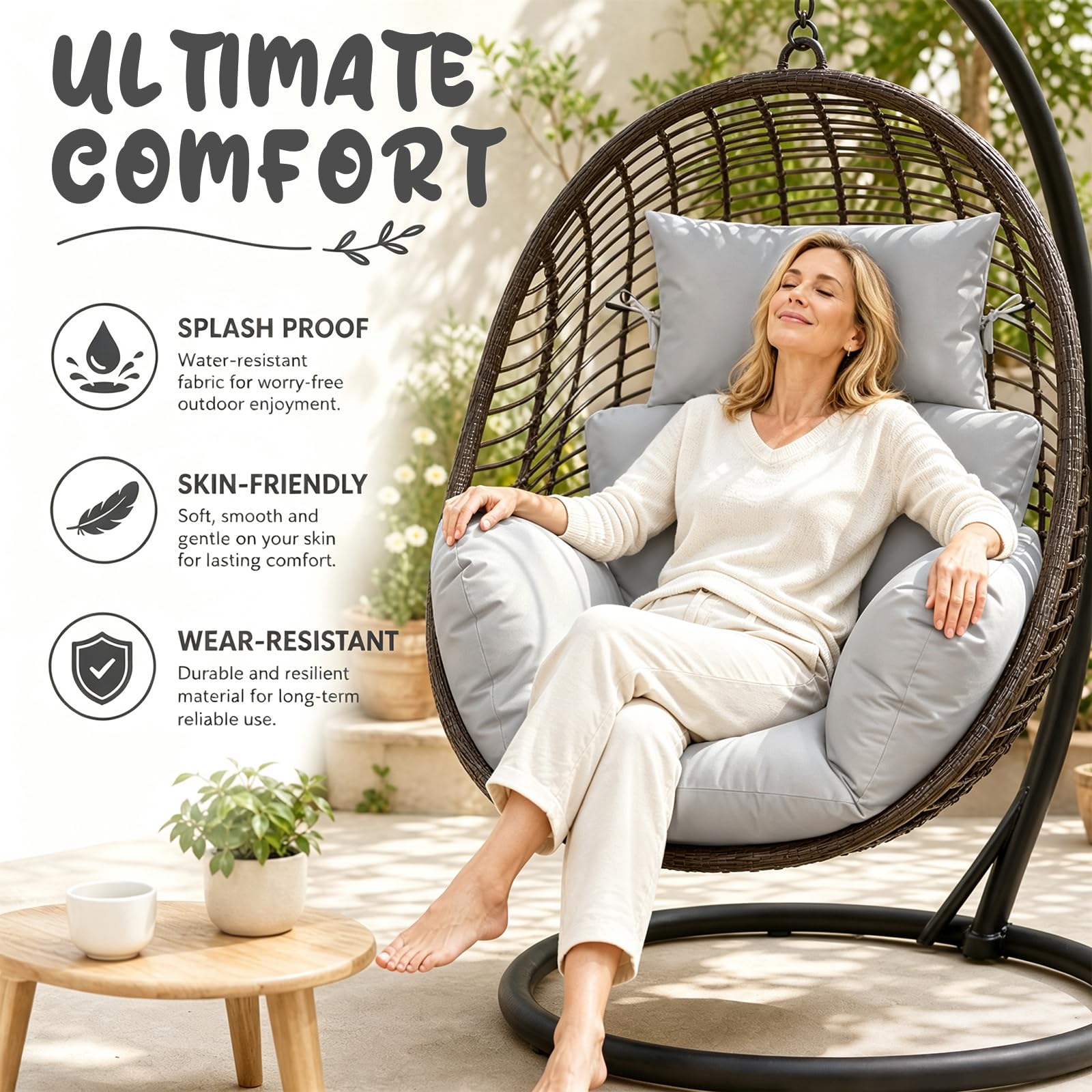 Cuscino per poltrona sospesa per esterni, impermeabile, per giardino, terrazza, grigio chiaro