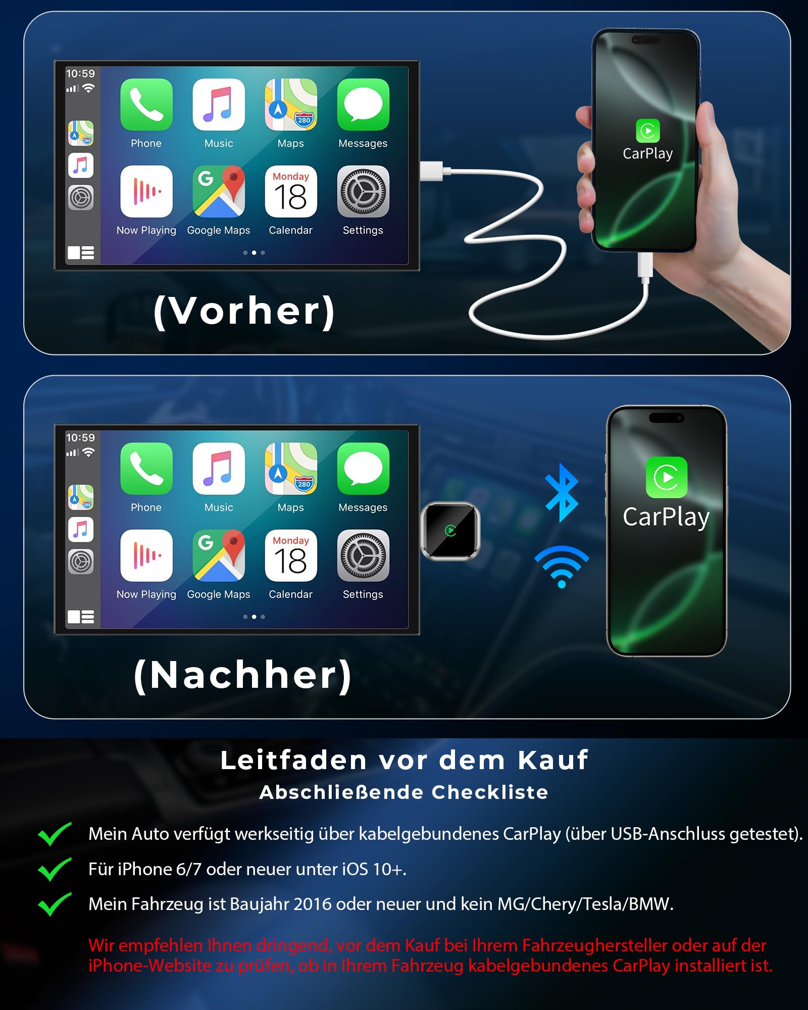 CarPlay Kabelloser Adapter für Apple iPhone – Upgrade von kabelgebundenem CarPlay auf kabelloses Gerät, Mini T-förmig für Autos automatische USB-Wiederverbindung, für Armaturenbrett-Einbau-Videogeräte