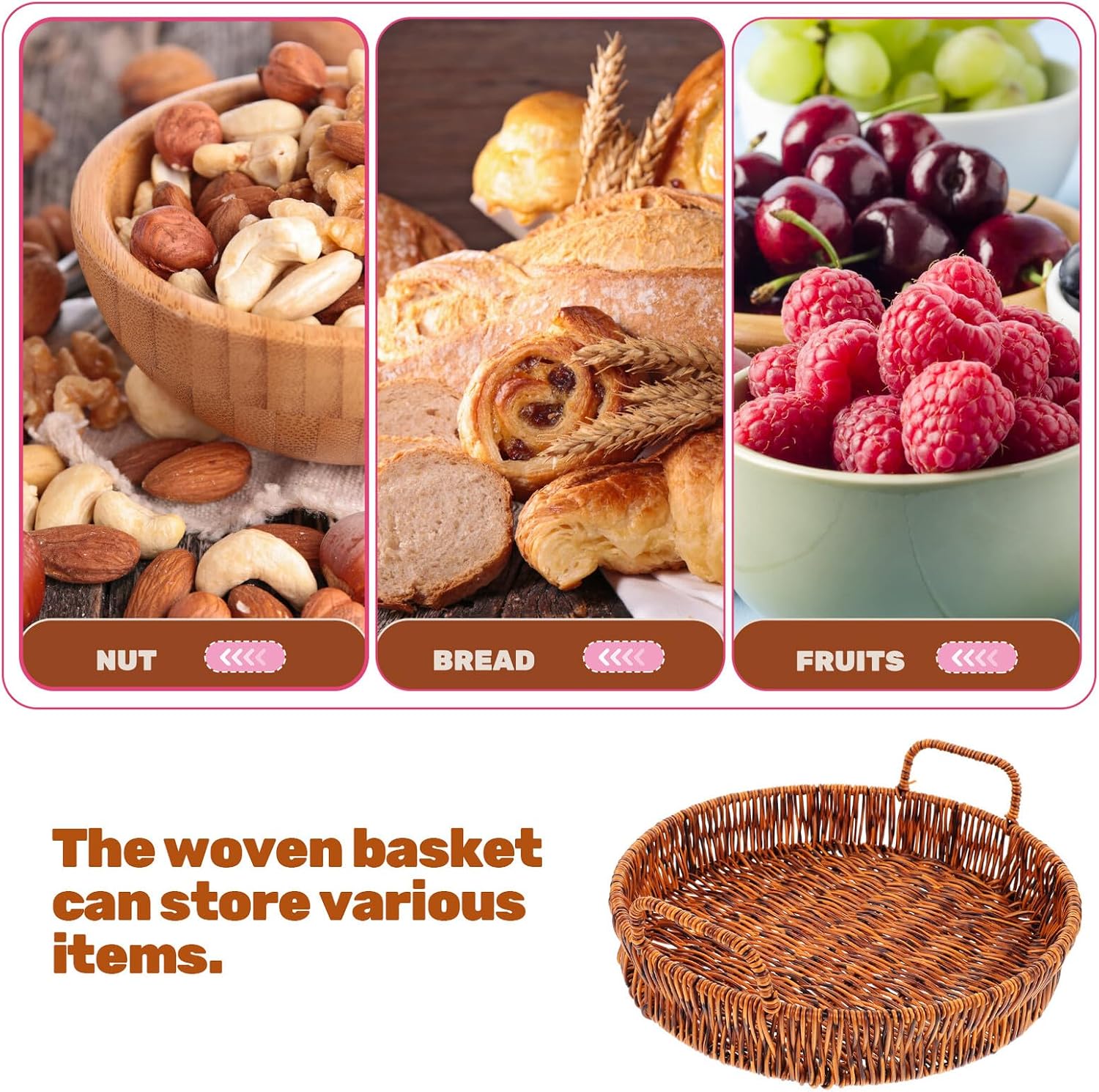 Generic Woven round Bread Basket with Dual Handles, 25cm Small Imitation Rattan Fruit and Snack Serving Tray, Multi-function Kitchen Storage Basket for Home Use