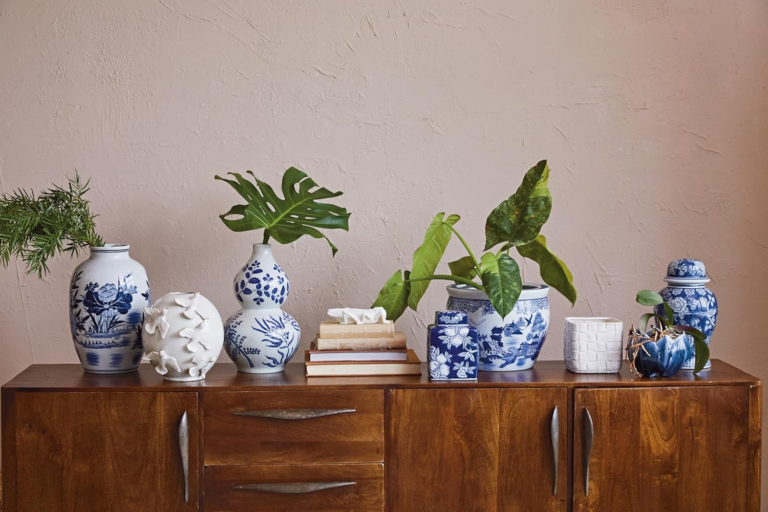 Creative Co-Op Urn Shaped Hand-Painted Stoneware Vase with Wide Opening, Blue and White