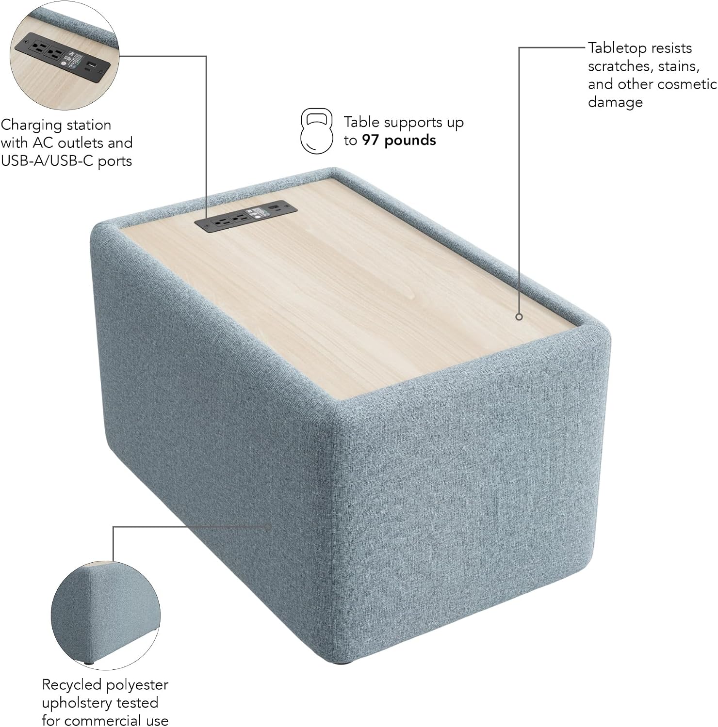 Bush Business Furniture Modular Side Table with Charging Station, Power Outlets and USB-A/USB-C Ports, Assemble Collection, Mist Fabric