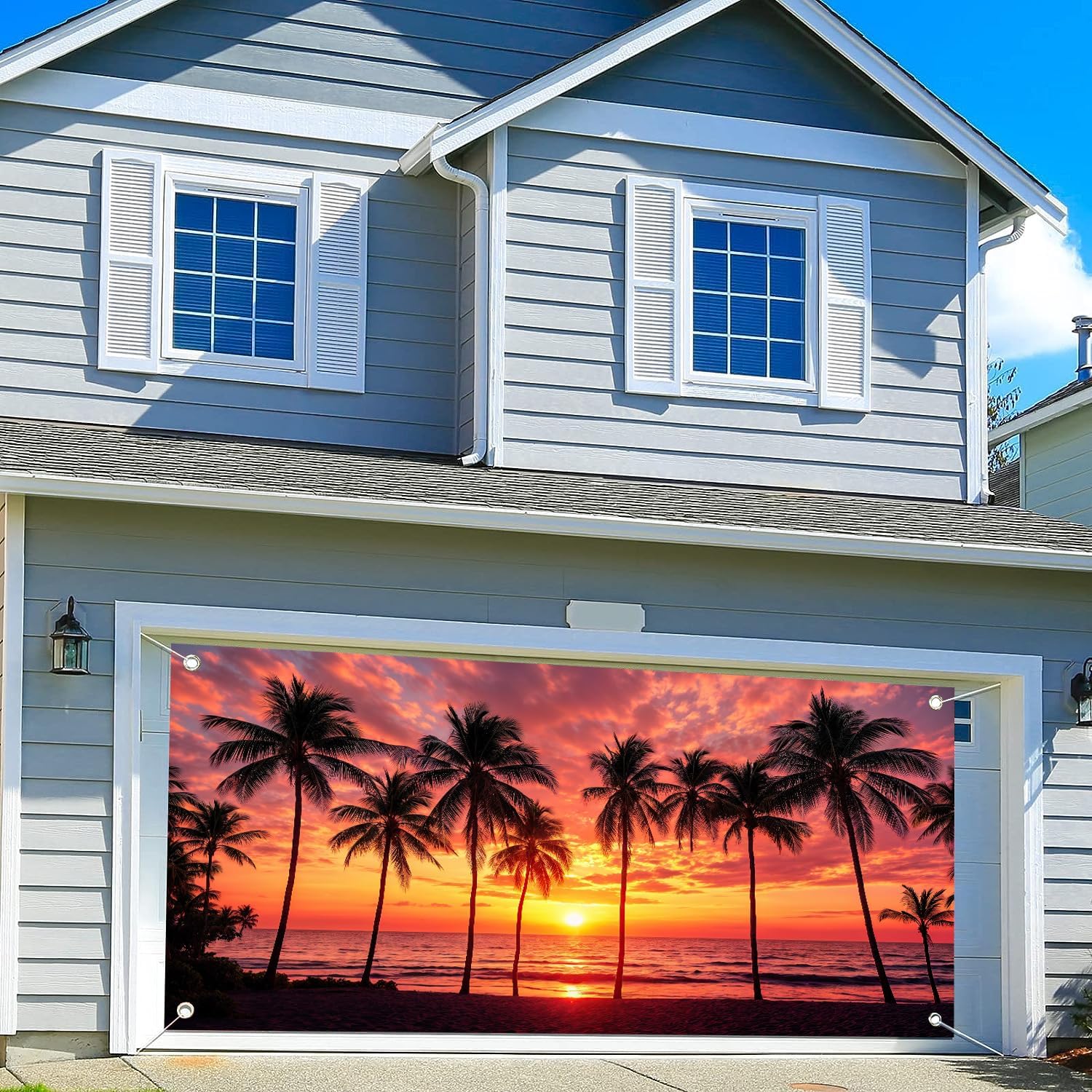 Summer Tropical Beach Garage Door Decorations, Seaside Island Palm Trees Hawaii Scenery Blue Sky Garage Door Cover, Sunshine Luau Themed Party Background Indoor Outdoor Decorations Banner 16X7ft