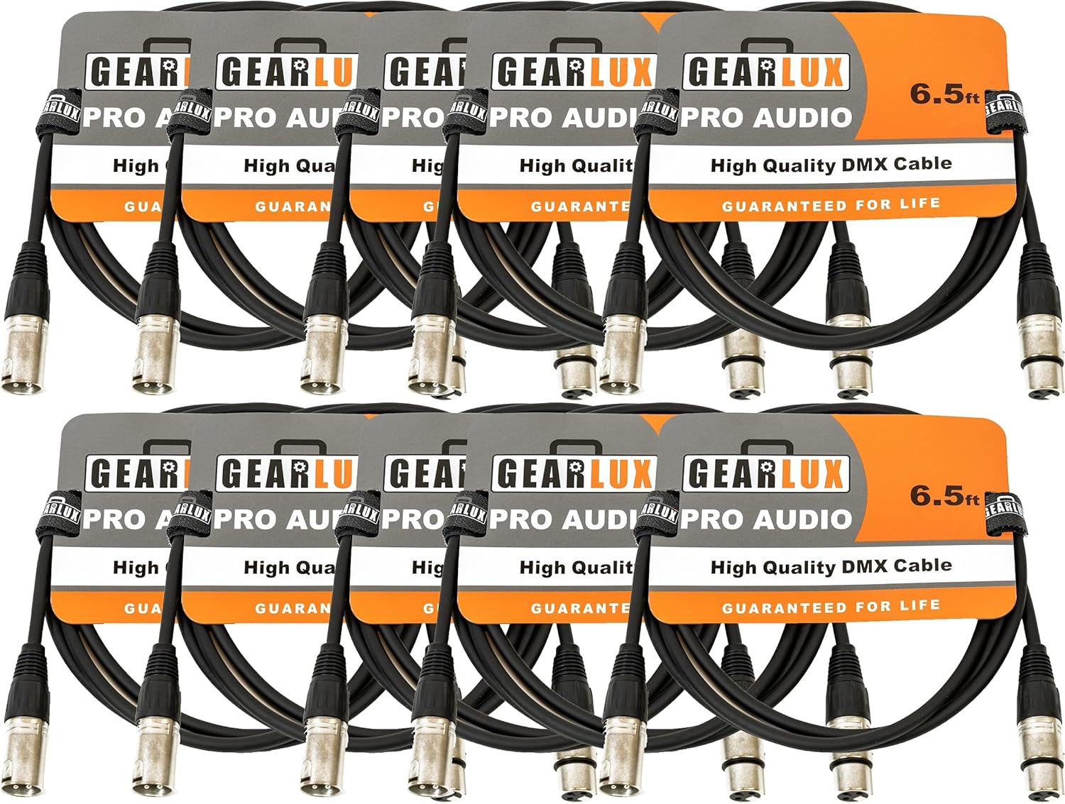Gearlux DMX Cable, 3 Pin, Male to Female, 6.5 Feet - 10 Pack