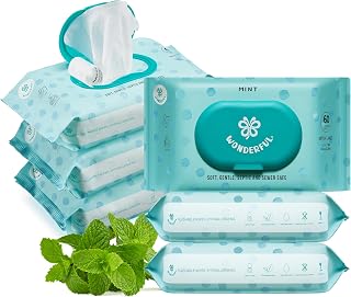 WONDERFUL Flushable Wipes, Mint 100% Plant-Based Wet Butt Wipe for Adults & Kids, Sewer Septic Safe, Gentle for Sensitive Skin, Wipes Flushable Pack for Bathroom & Travel, 6-Pack (360 Counts)