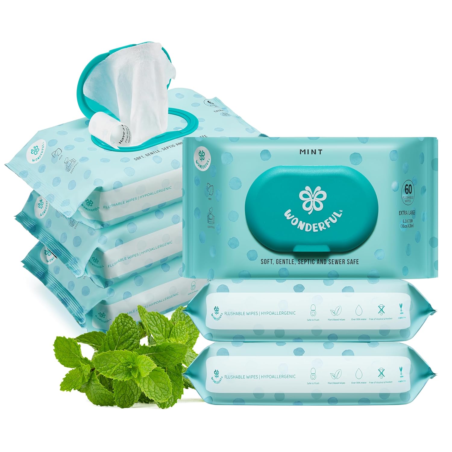 WONDERFUL Flushable Butt Wipes, Unscented 100% Plant-Based Wet Wipes For Adults & Kids, Sewer & Septic Safe, Gentle For Sensitive Skin, Wipes Flushable Pack For Bathroom & Travel, 6-Pack (360 Wipes - View #2