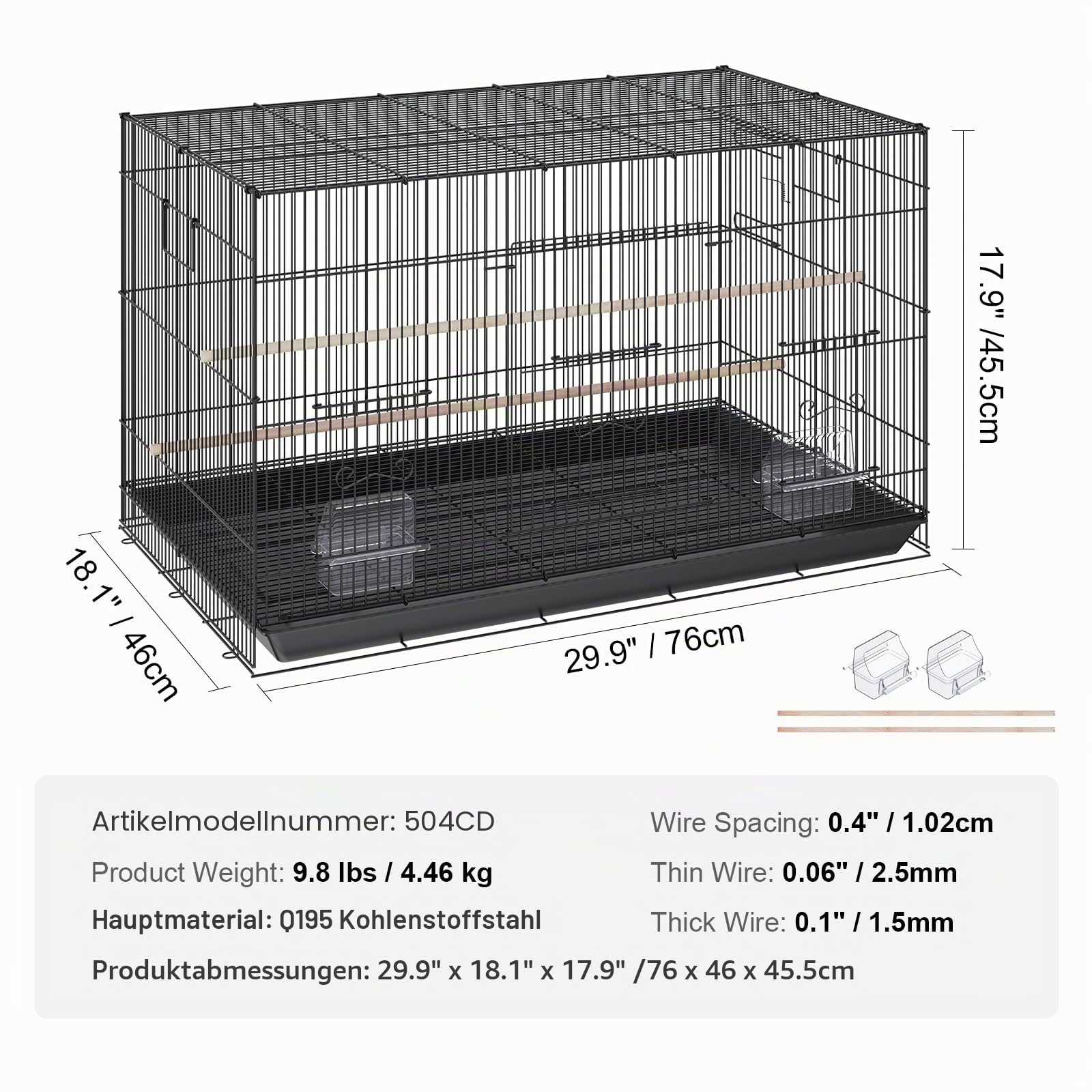 VEVOR Vogelvoliere 76x46x45cm Vogelkäfig aus Q195-Kohlenstoffstahl Vogelhaus für 2-3 mittelgroße bis große Vögel Voliere mit Sicherheitstür Vogelheim Vogelbauer