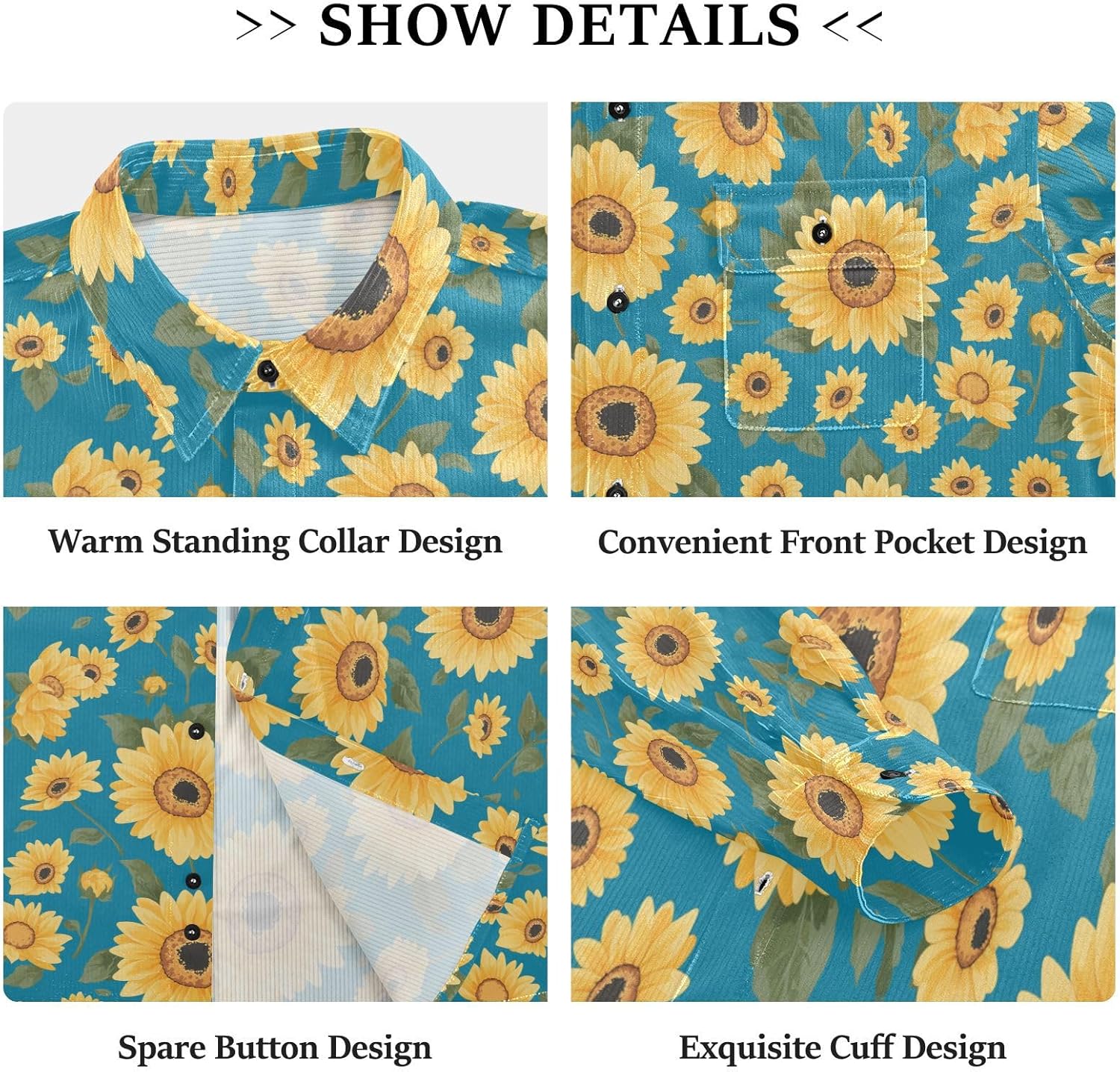 KLL Teal Sunflowers Womens Men's Slim Fit Rugby Shirts Vacation Long Sleeve Work Outfits