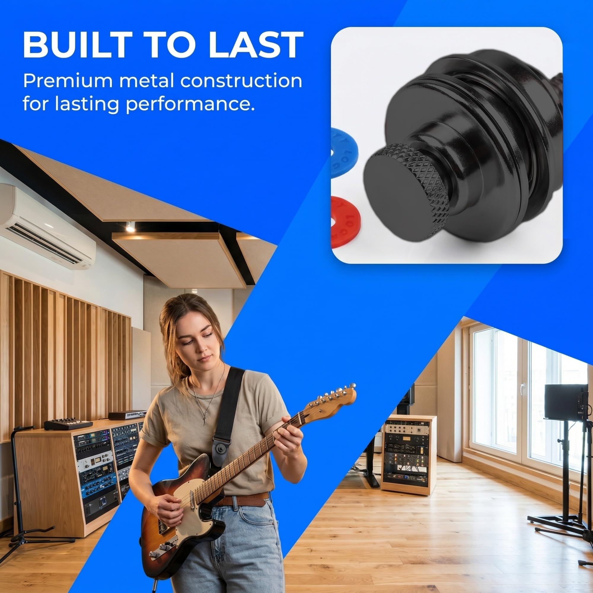 Miwayer Lot de 2 verrous de sangle de guitare à tête ronde et plate en métal robuste avec bouton de sécurité en double design avec 2 blocs en caoutchouc pour guitare acoustique électrique, ukulélé