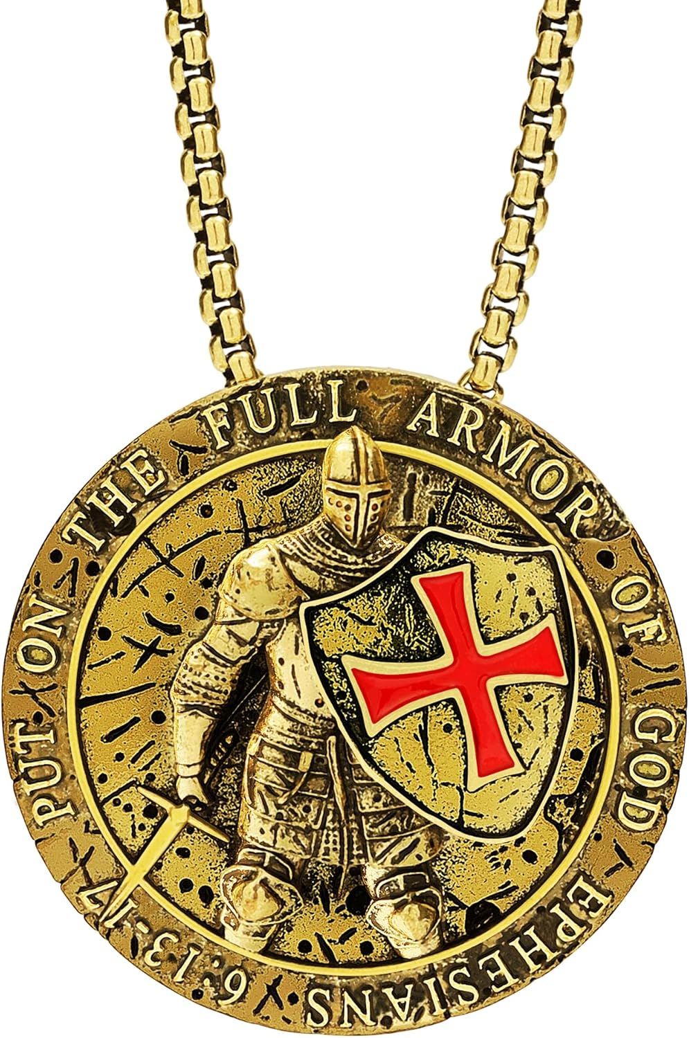 Yumikoo Bronzy Put on the Full Armor of God Ephesians 6:13-17 Templar Necklace with Red Cross Religious Jewelry Medieval Knights Shield Pendant