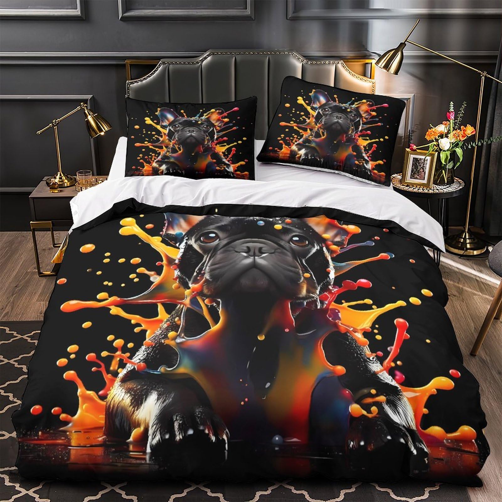 Housse de couette bouledogue français 220x240 en microfibres pour lit king size