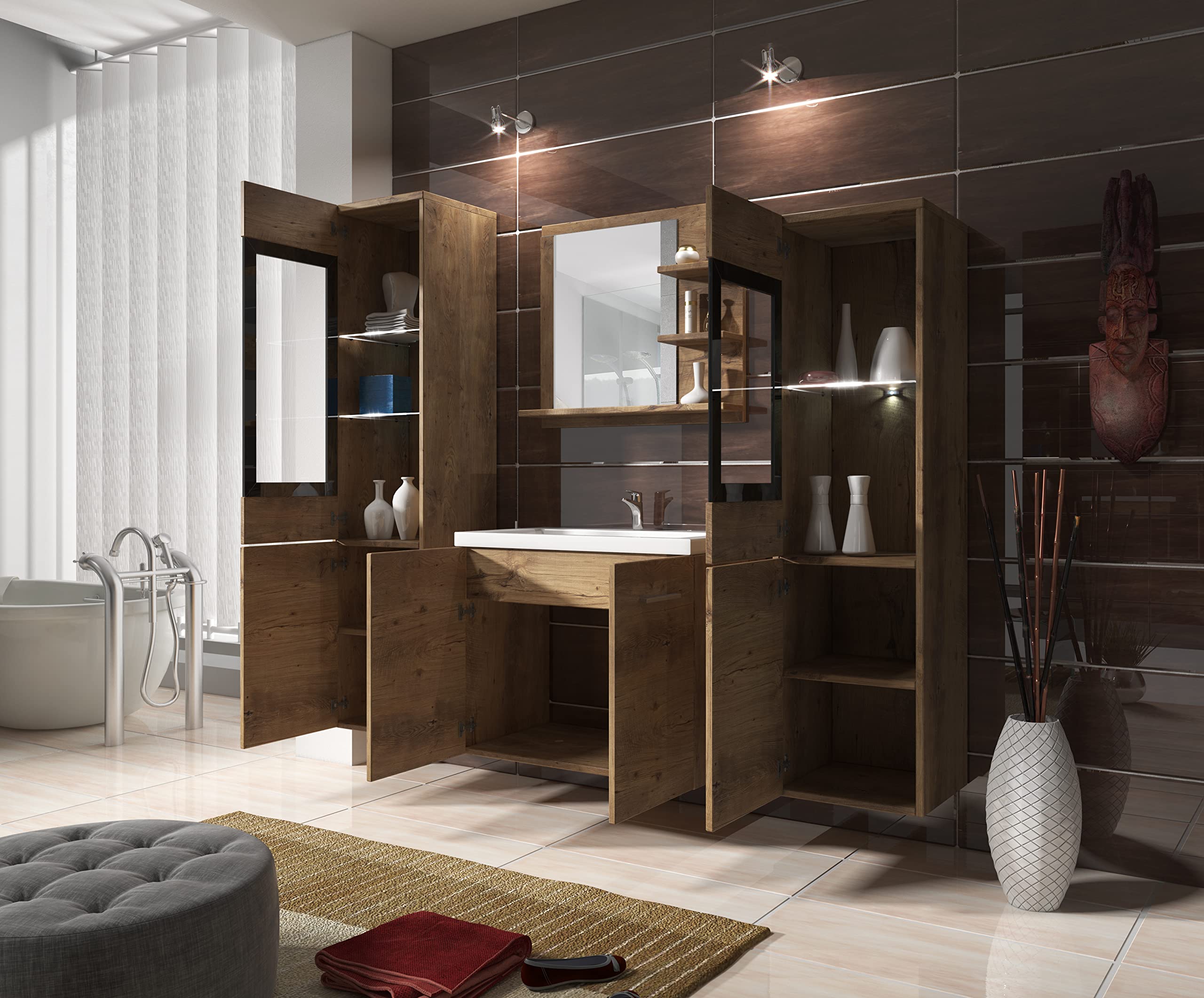 Meuble Salle De Bain PIASKI Montréal XL - Ensemble Lavabo Et Rangement En Stratifié, Style Moderne