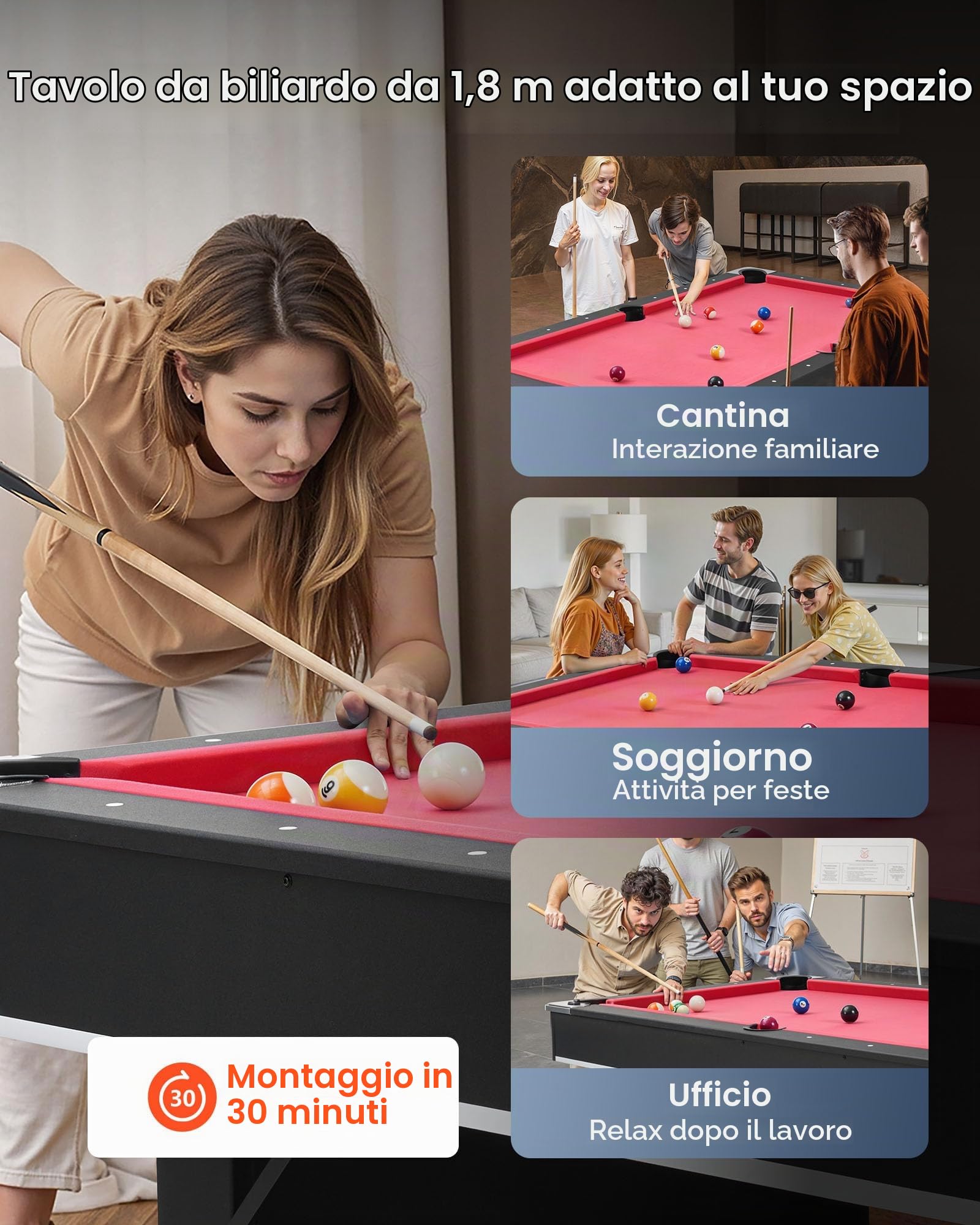 VEVOR Set Tavolo da Biliardo Pieghevole, 183 cm con Finitura in Legno, Portatile Tavolo da Gioco con Piedini Regolabili, Set Completo con Palline, Stecche, Rastrelliera, Gesso, Nero con Panno Rosso