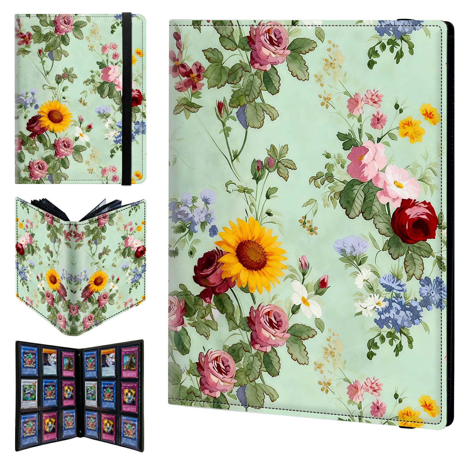 9 Pocket Trading Card Binder 540 Side Loading Pocket Album with Roses and Sunflowers Pattern Design Card Binder for Sports Cards & Game Cards