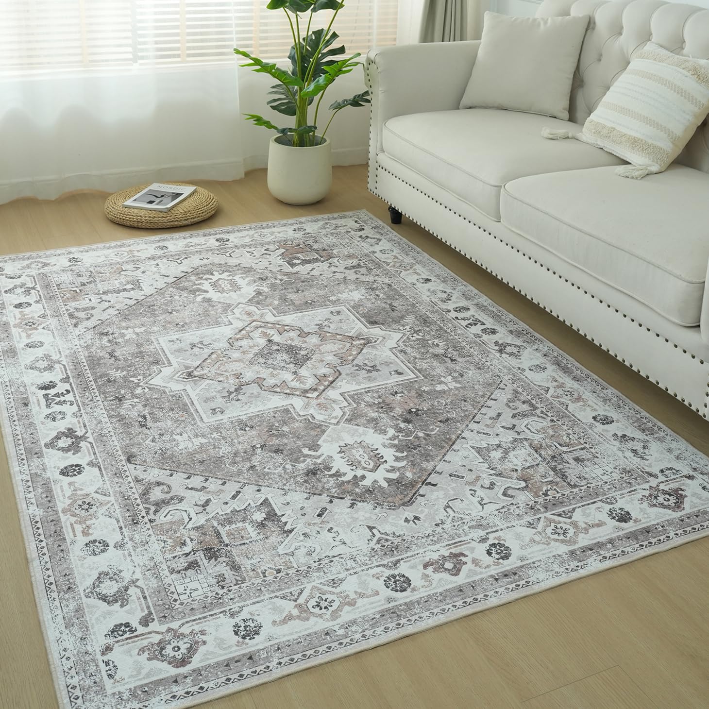 Photo 1 of Area Rug 8x10 Vintage Floor Mat Indoor Thin Rug Floral Print Carpet Foldable Rug for Farmhouse Non Slip Dining Room Living Room Bedroom Office, Taupe Multi Taupe/Multi 8' x 10'
