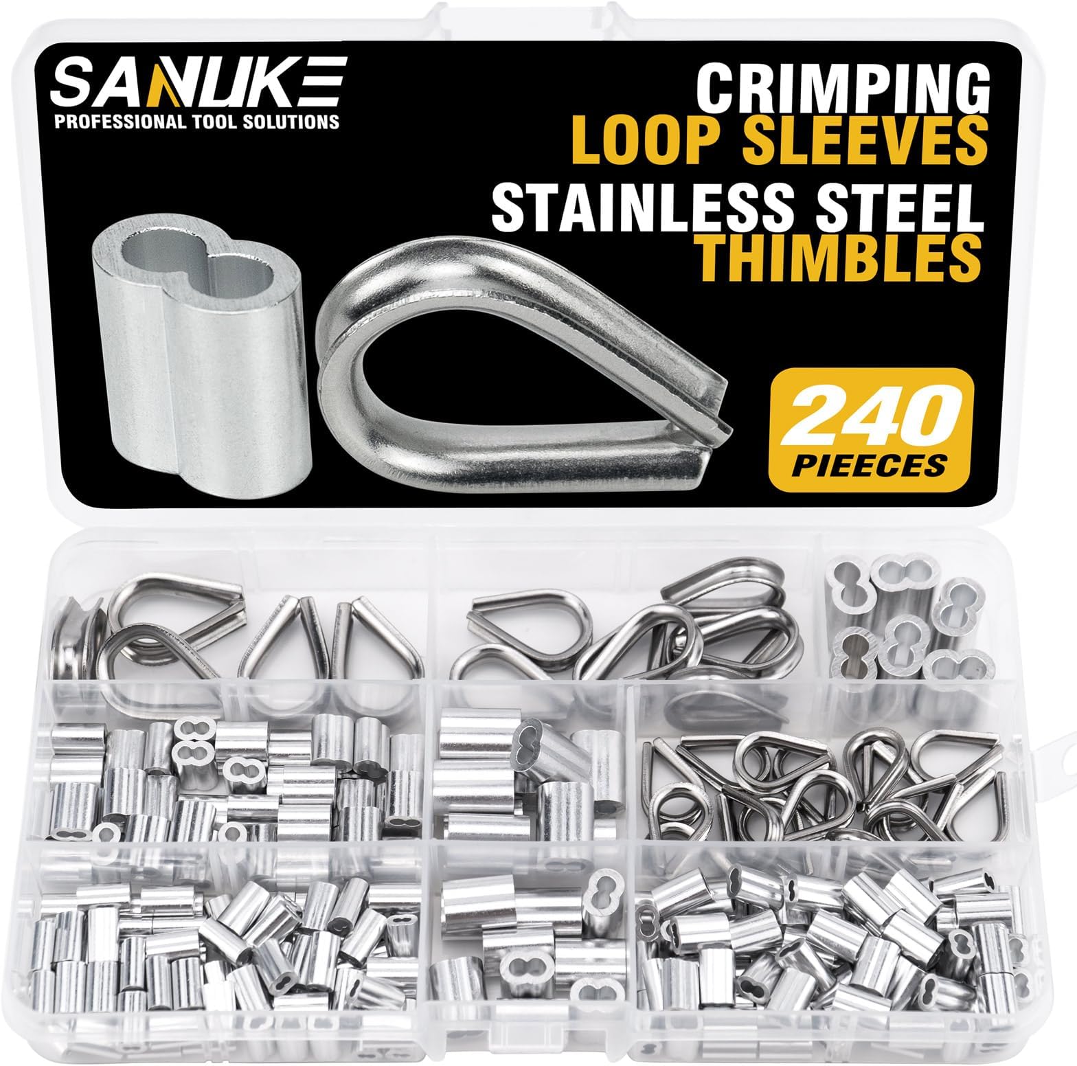 Sanuke 240PCS Stainless Steel Wire Rope Cable Thimbles Aluminum Crimping Loop Sleeve 3/64'' 1/16'' 5/64'' 1/8'' 3/32'' 5/32'' for Wire Rope Cable Thimbles Rigging