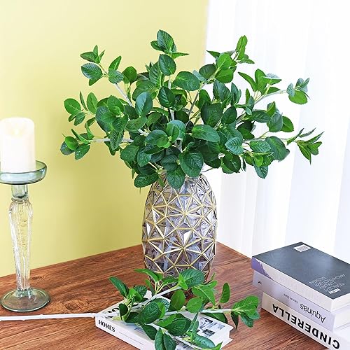 Miniatura 5 de ELYJHYY Ramas de eucalipto artificiales, hojas de menta falsas, arbustos de imitación para exteriores en verde para pared de jardín, hogar, granja,