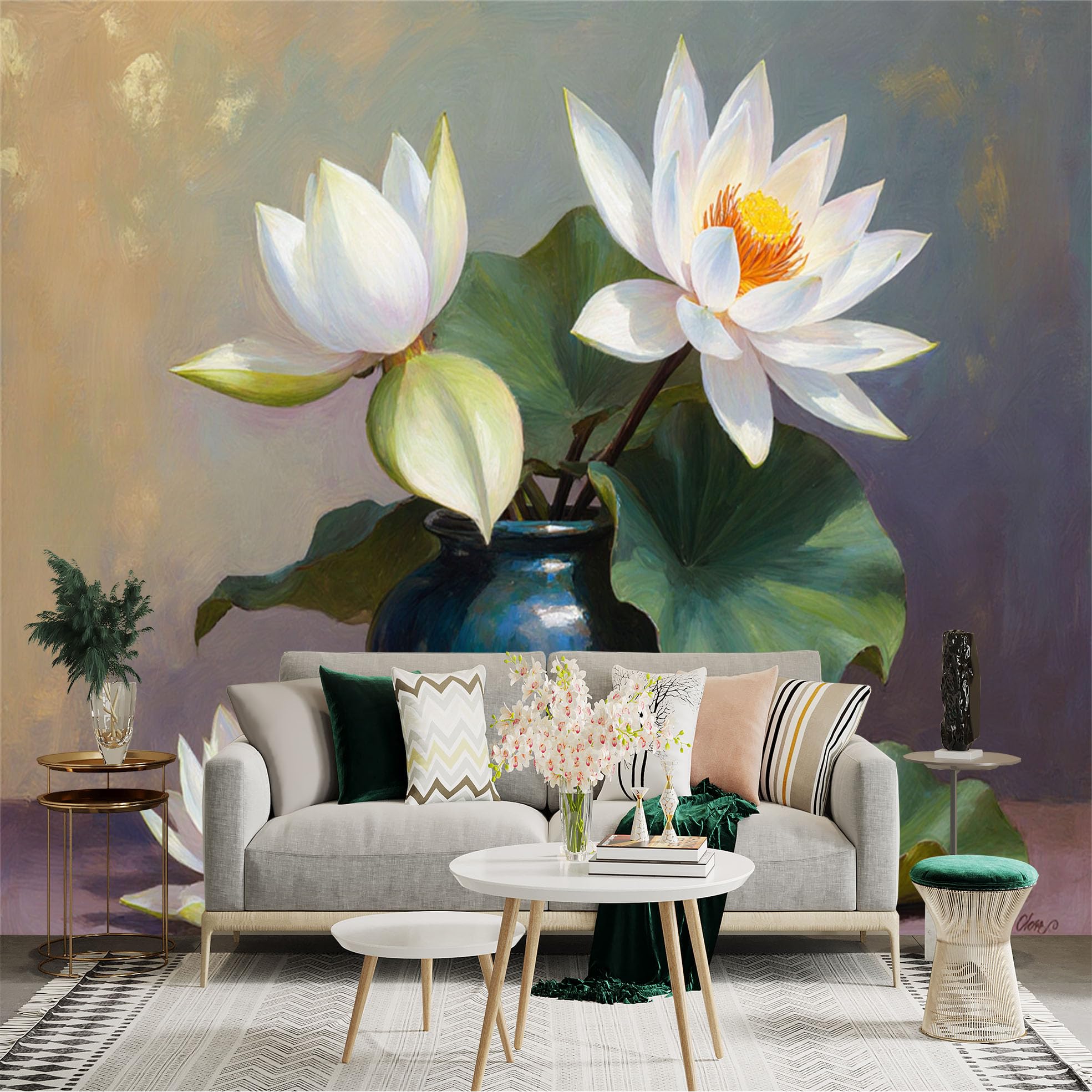 Custom Size Wall Sticker Mural， Elegant White Lotus Flowers， Oil Painting Style Floral Art， Vintage Ceramic Vase， Zen Home Decor， for wall Decoration， peelandstick wall Decals.