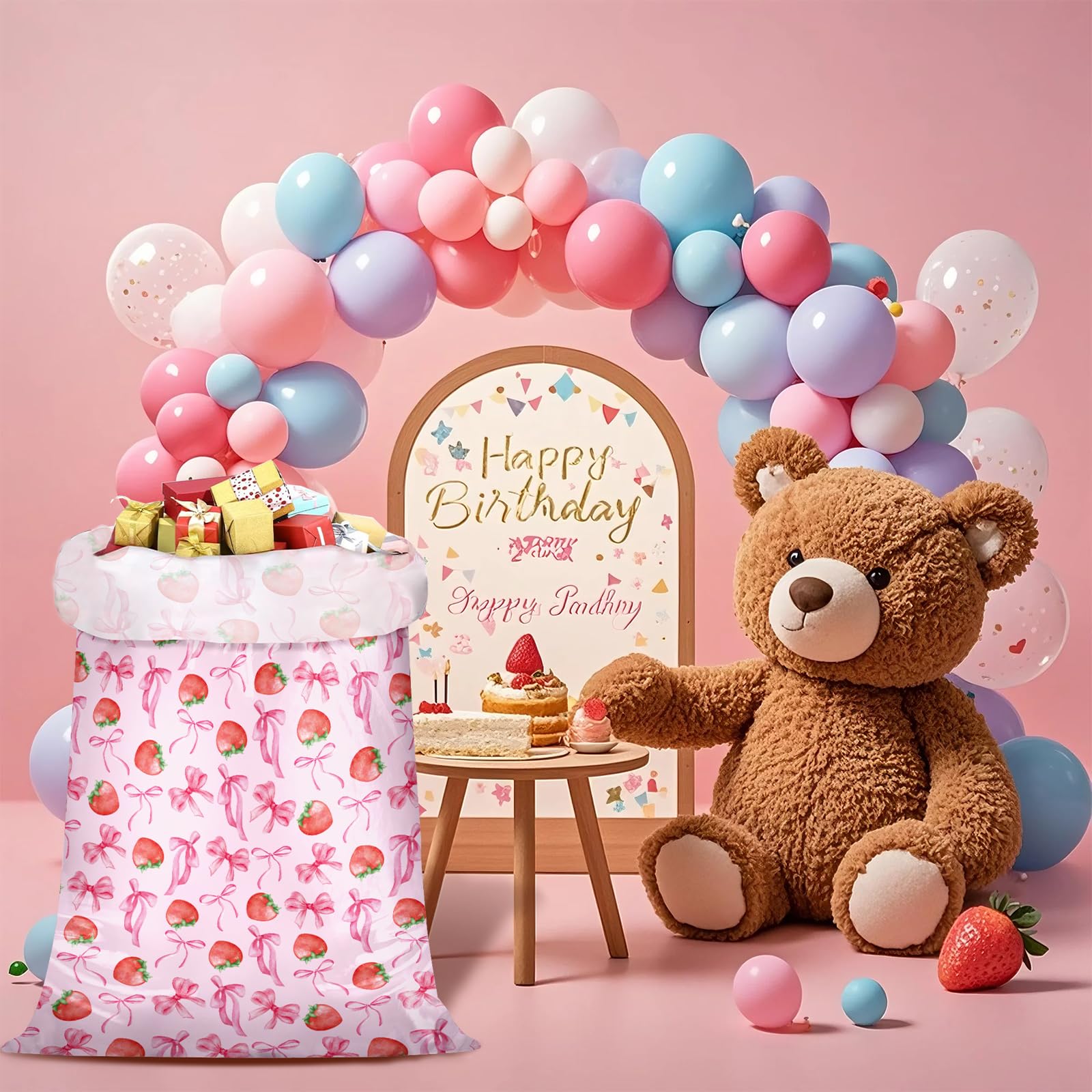 WRAPAHOLIC 56" Large Strawberry Bow Plastic Gift Bag - Pink Bow and Sweet Strawberry Jumbo Bike Bag Gift Wrap for Women Girls Birthday, Baby Shower, Wedding, Bridal Shower - 56" H x 36" W