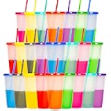 Alohastarttg Color Changing Cups, 24 Pack 24oz Plastic Tumblers, Reusable Iced Coffee & Smoothie Cups with Lids and Straws for Parties and Travel (24, White)