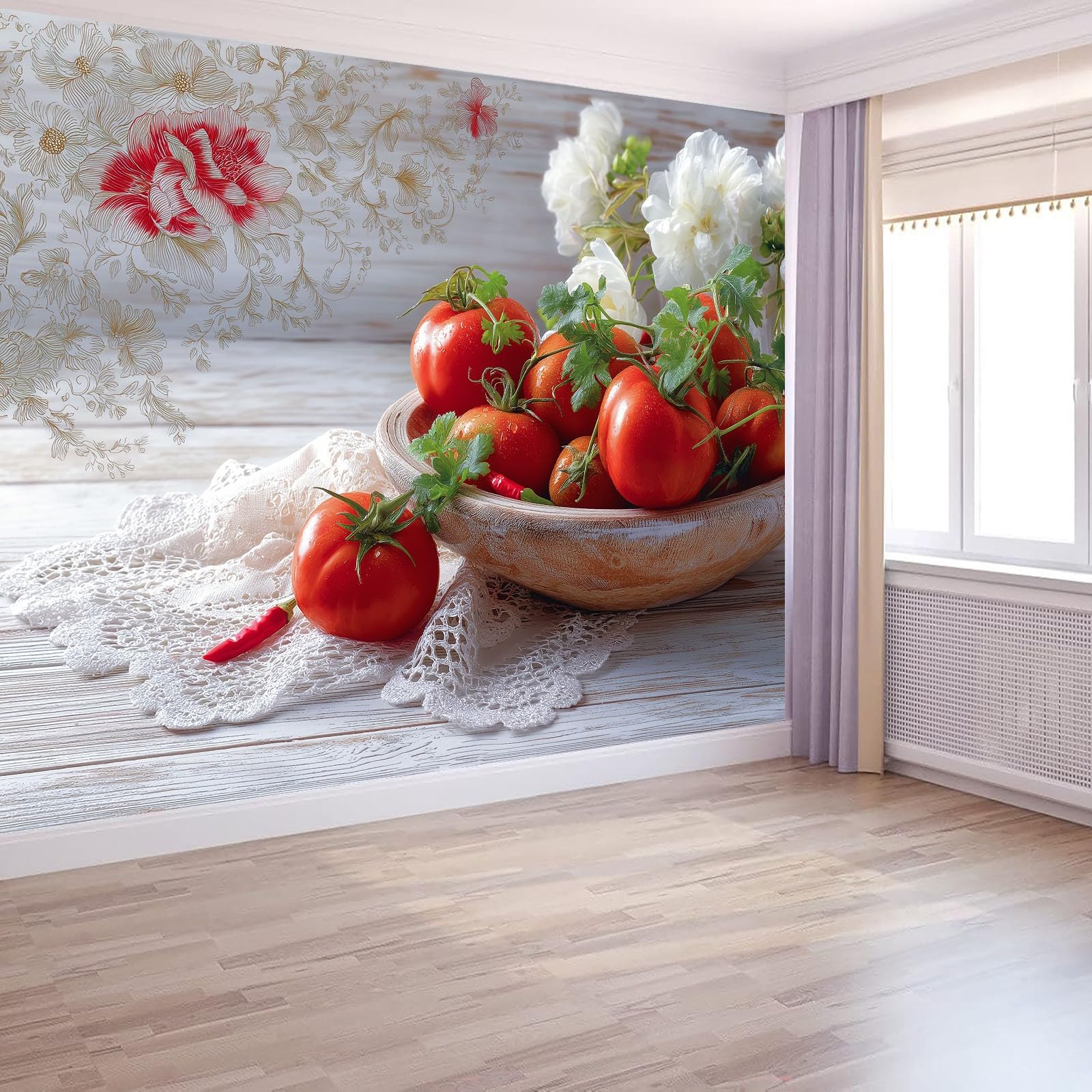 Generico Panoramiczna Tapeta XXL Duszpasterska Owoce Warzywa Koronka Drewna Ziarna Dekoracyjny Plakat Ścienny Grafitowy Szary Do Sypialni i Salonu 200 x 140 cm