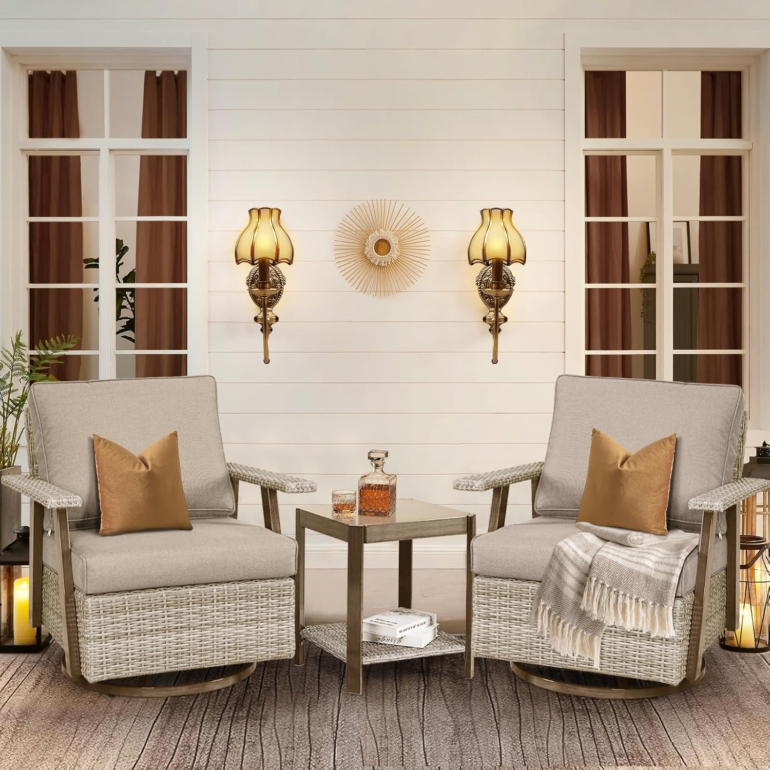 3 Pieces Outdoor Patio Furniture Set with Swivel Rocking, PE Wicker Outdoor Swivel Chairs Set of 2 with Side Table, Oversized Patio Rocking Chairs Set for Porch, Balcony, Deck, Backyard