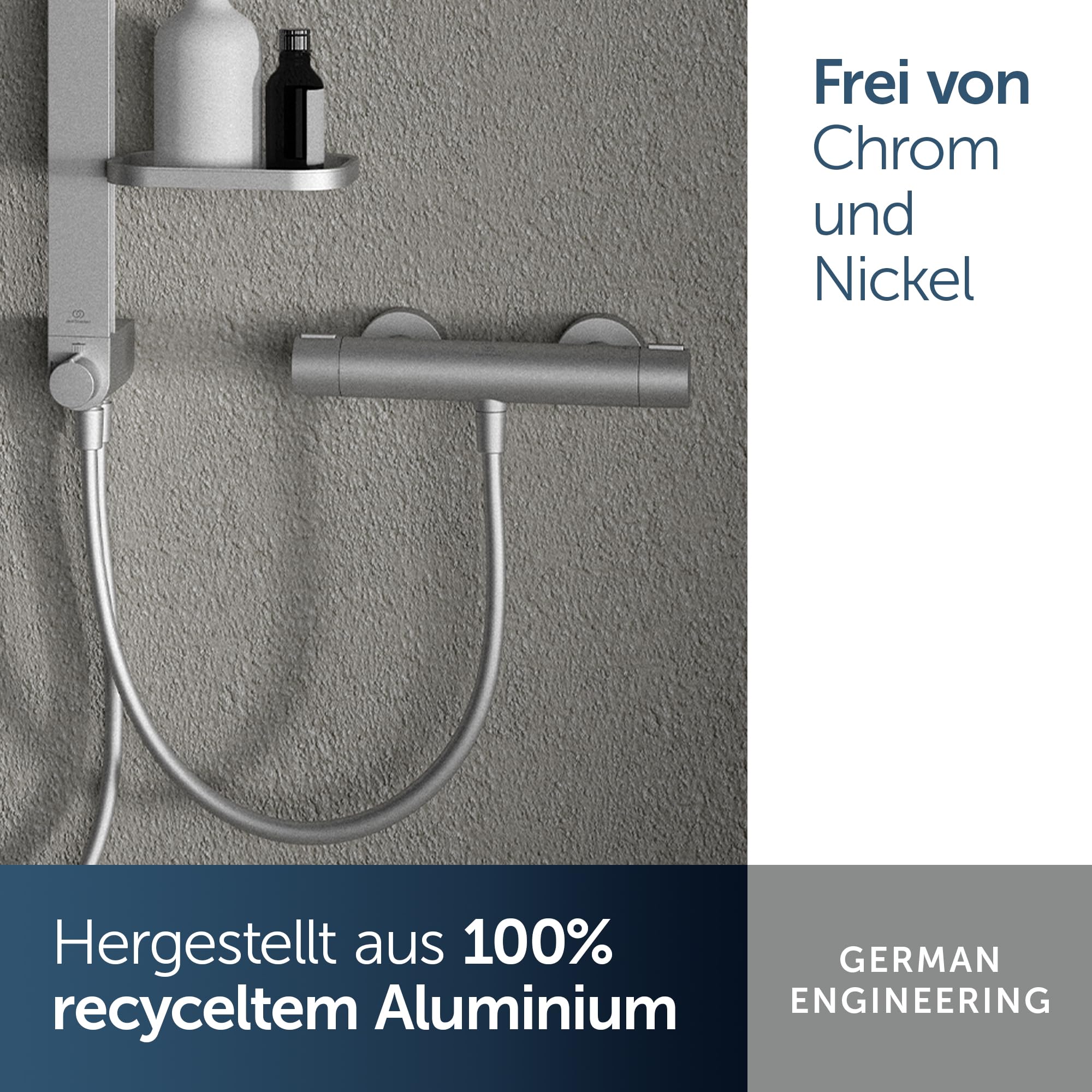 Ideal Standard Ceratherm Alu+ Brausethermostat, Hergestellt aus 100% recyceltem Aluminium, Wasser- und Energiesparend, Thermostatfunktion und Verbrühschutz – Silber (292x105x72 mm)