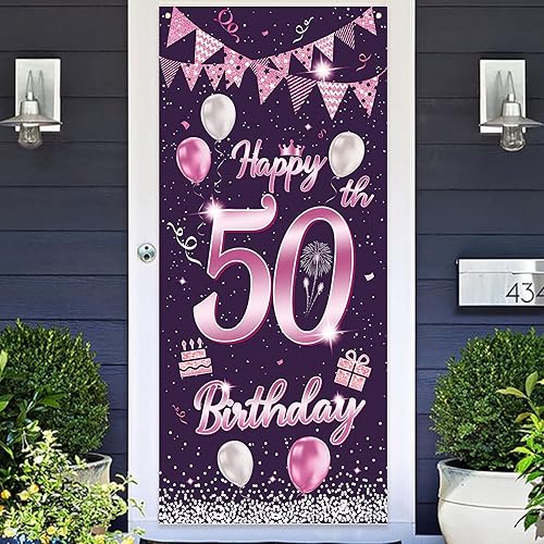 Globos de fondo con diseño de rosa morada dulce de feliz cumpleaños 50 años, decoración temática de cumpleaños de 50 años, decoración para puerta de