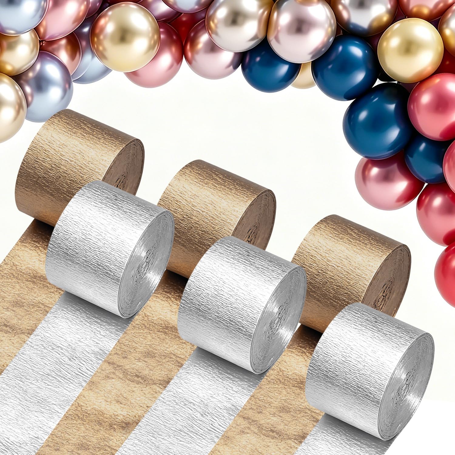 Crepe Paper Streamer Rolls, 7 Rolls Paper Streamers Comes with a Selection of Coloured Balloons for Birthday Wedding Backdrop Holiday Party Decorations(Gold + Silver)