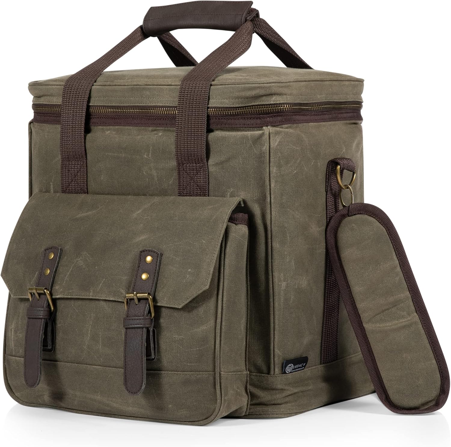 LEGACY - a Picnic Time Brand - Weekender Distressed Waxed Canvas 6 Bottle Insulated Wine Bag, Soft Cooler Wine Tote Bag, Wine Picnic Bag, (Khaki Green)