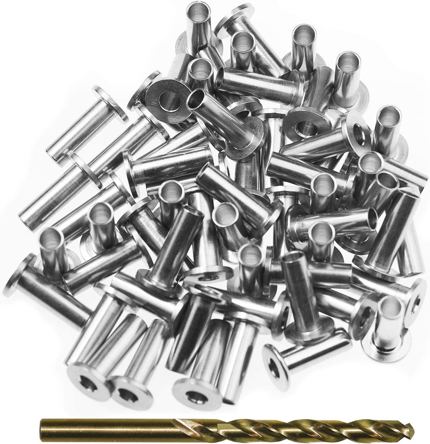 Protector Sleeves for 1/8" Wire Rope Cable Railing Deck, Wood Posts, DIY Balustrade - Stainless Steel T316 Marine Grade - 60 Pack with Drill Bit