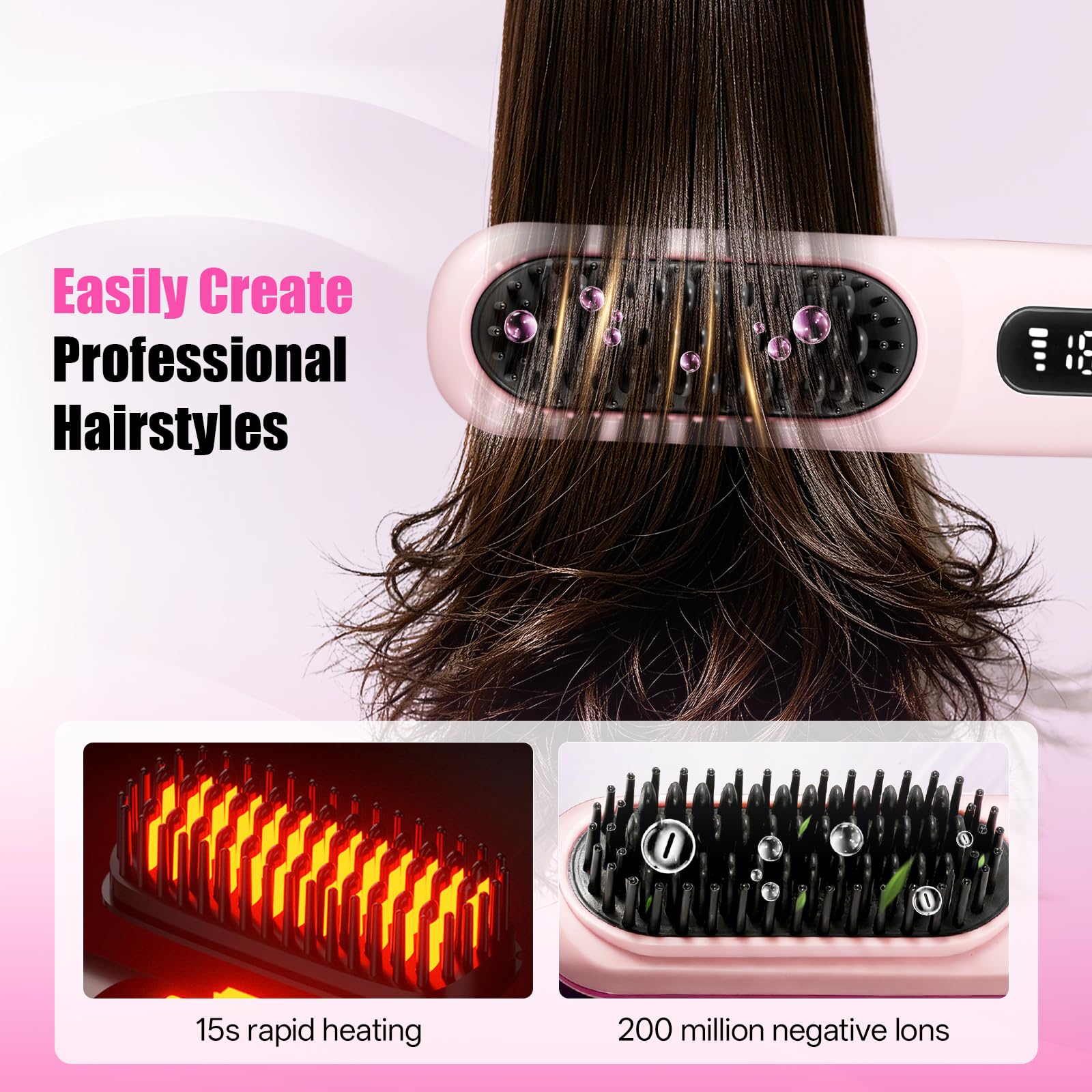 RUIZHI Haarbürste Elektrisch, Glättbürste Kabellos, Stylingbürste für Kurze Haare, Elektrische Haarglätter Bürste, Glättungsbürste, Hot Comb für Reisen, mit LED Anzeige und 3 Temperatureinstellung - 3