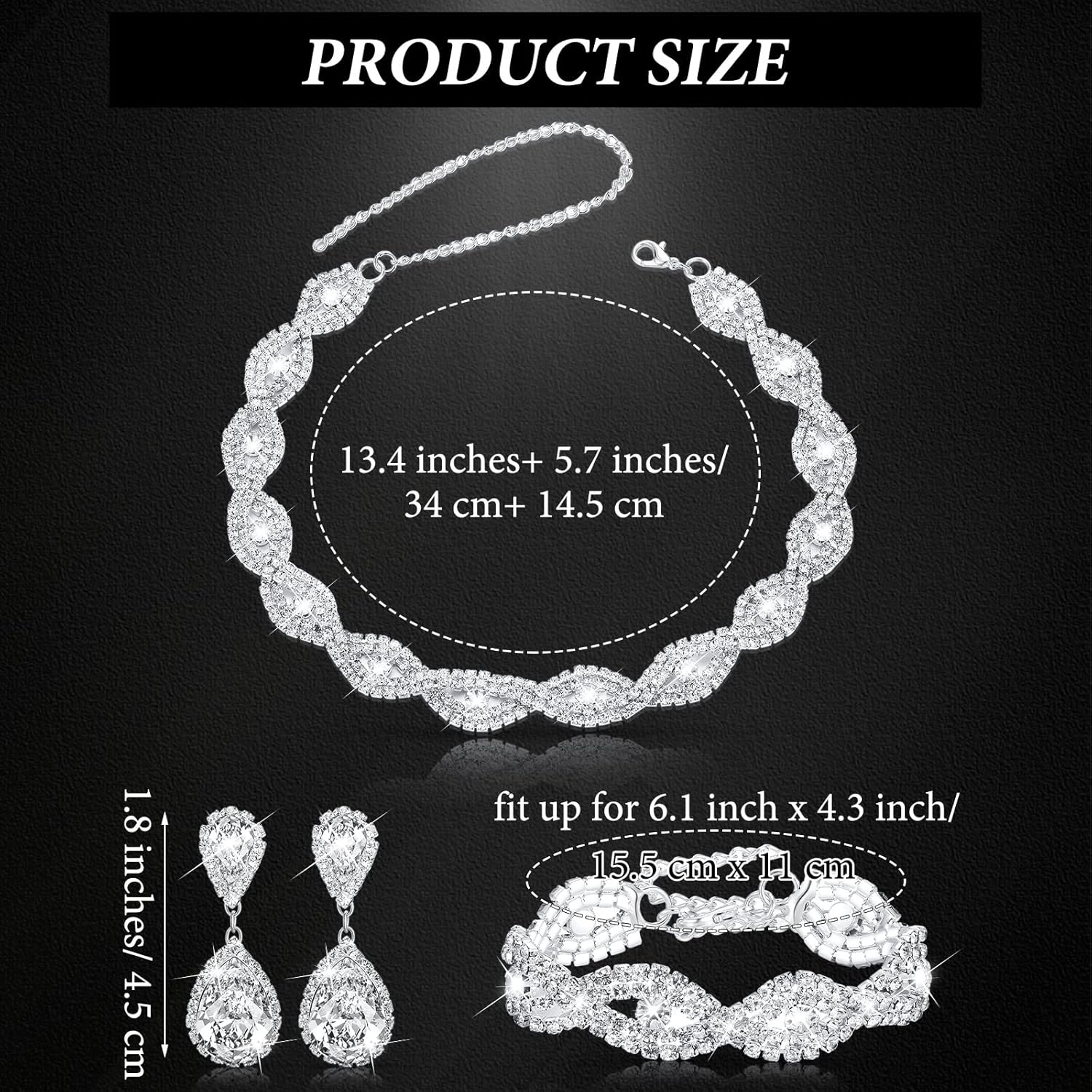 Miniatura 6 de 3 Pcs Women Crystal Jewelry Set Includes Bridal Wedding Rhinestone Choker Necklace Crystal Bracelets and Dangle Earrings