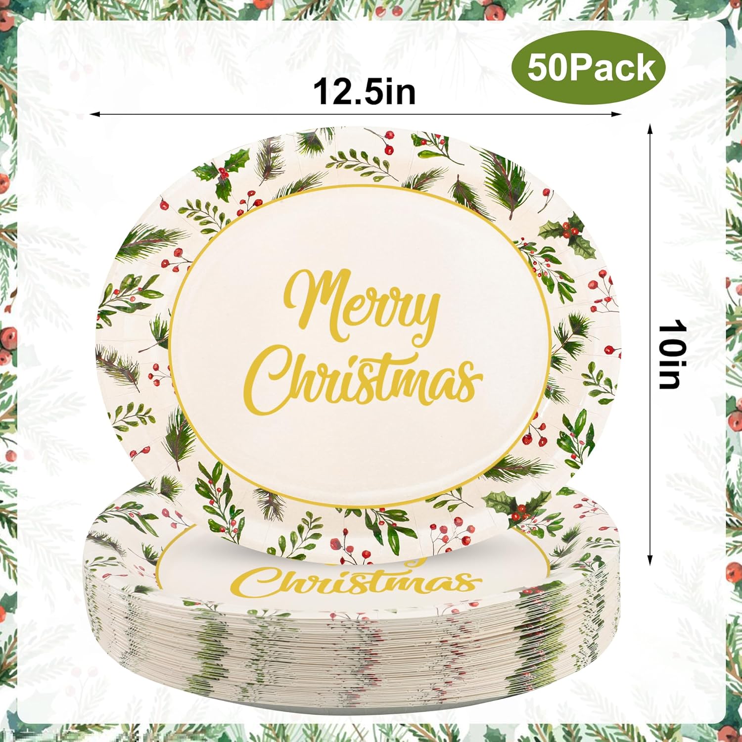 Augisteen 50PCS Christmas Holly Oval Paper Plates 10" X 12.5" Large Merry Christmas Dinner Serving Dish Holly Berries Disposable Heavy Duty Party Platters for Xmas Holiday Party Decor Supplies