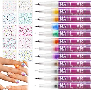 miikoul 12 Colors Nail Art Pens Set 0.5mm Art Graffiti Pen with 10PCS Nail Art Stickers 3D Nail Polish Paint Pens Quick Drying Waterproof Drawing Marker Pen for Nail Art Drawing and Salon DIY