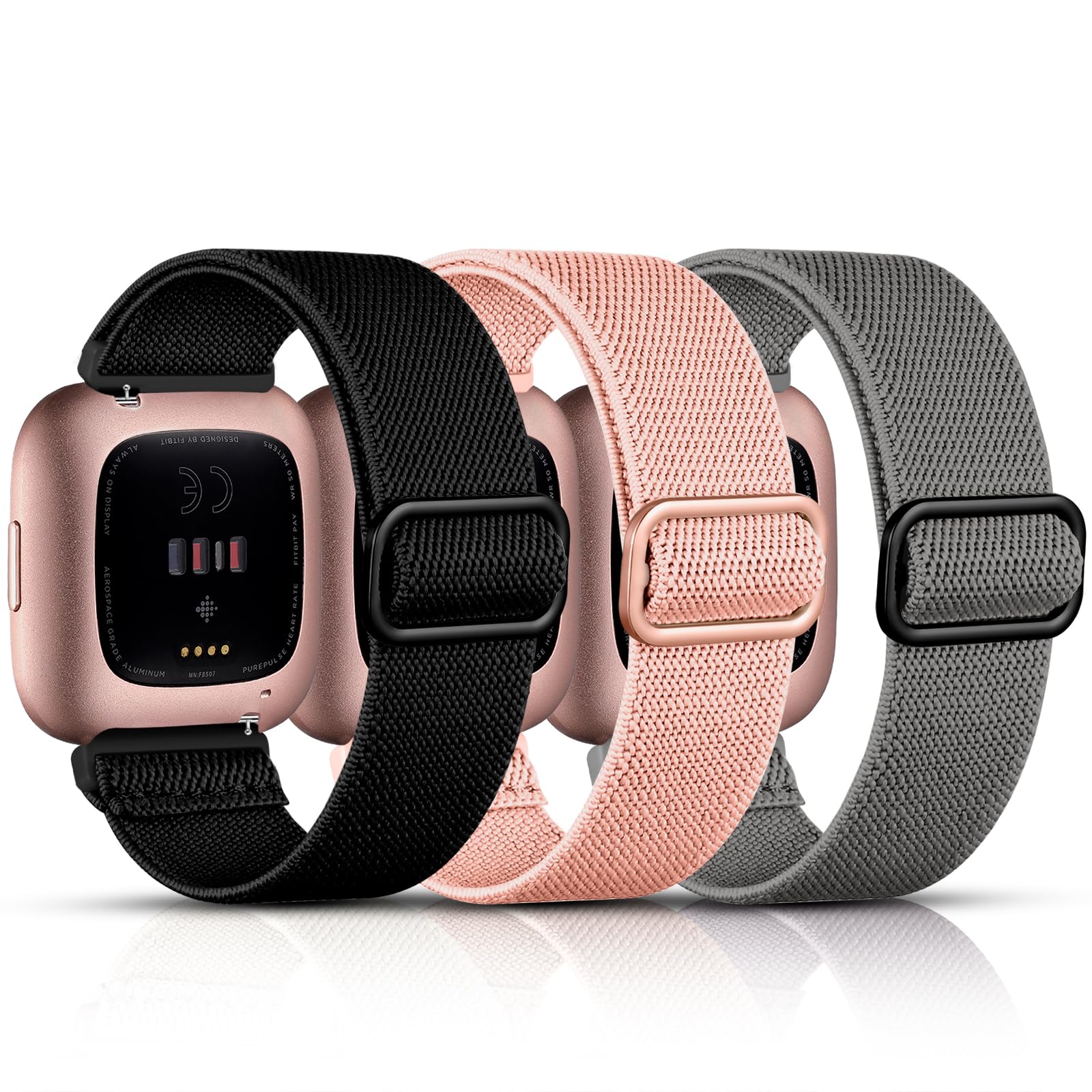 Maledan3 Pack Elastic Band Compatible with Fitbit Versa 2/Fitbit Versa Bands for Women Men, Adjustable Stretchy Solo Loop Nylon Fabric Strap Replacement Wristbands, Black/Gray/Orange Pink