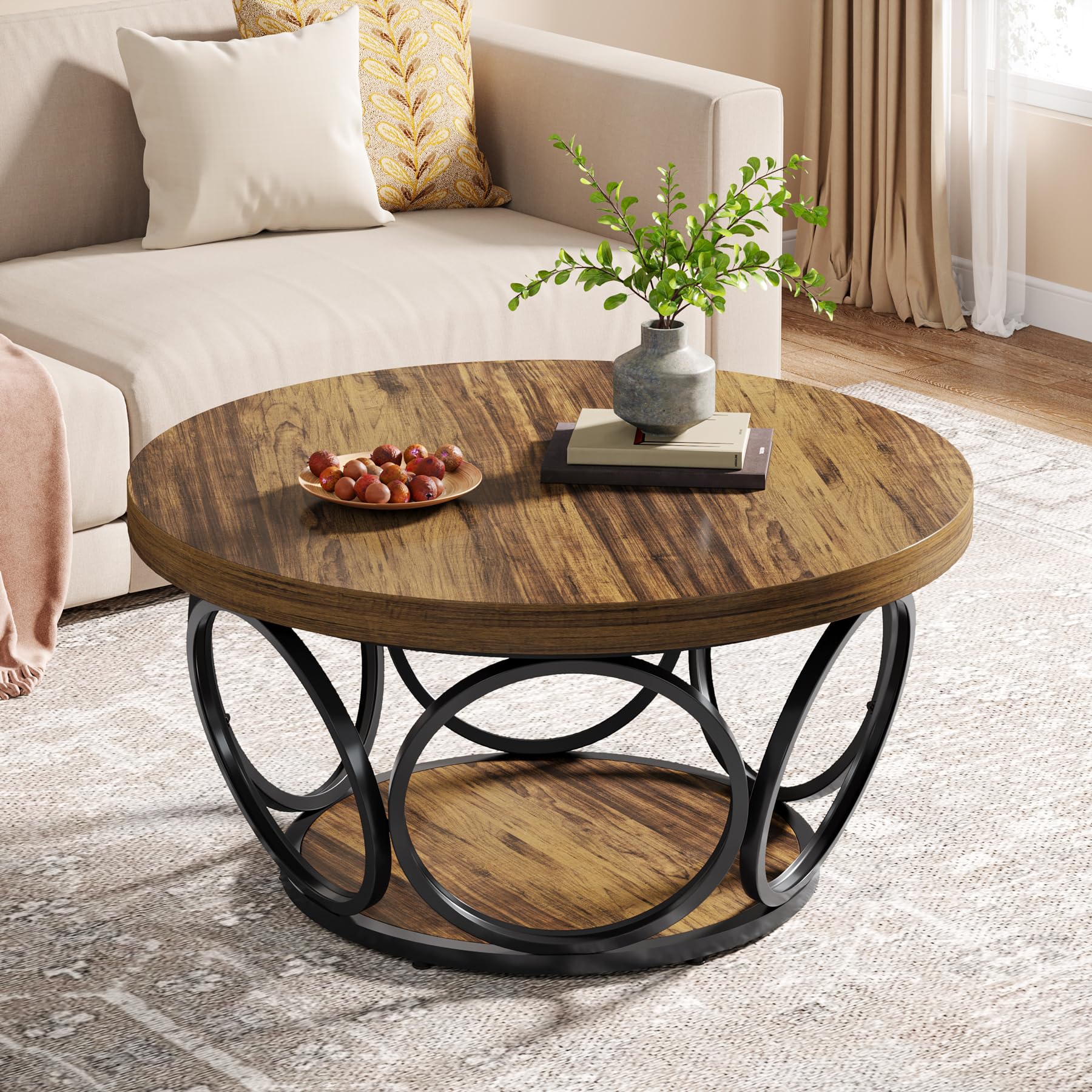 Tribesigns Runder Couchtisch, 80 cm Runder Holztisch, Bauernhaus Große Runde wohnzimmertisch mit 2-Ebenen Lagerung, Moderne Einfache Braune Teetisch