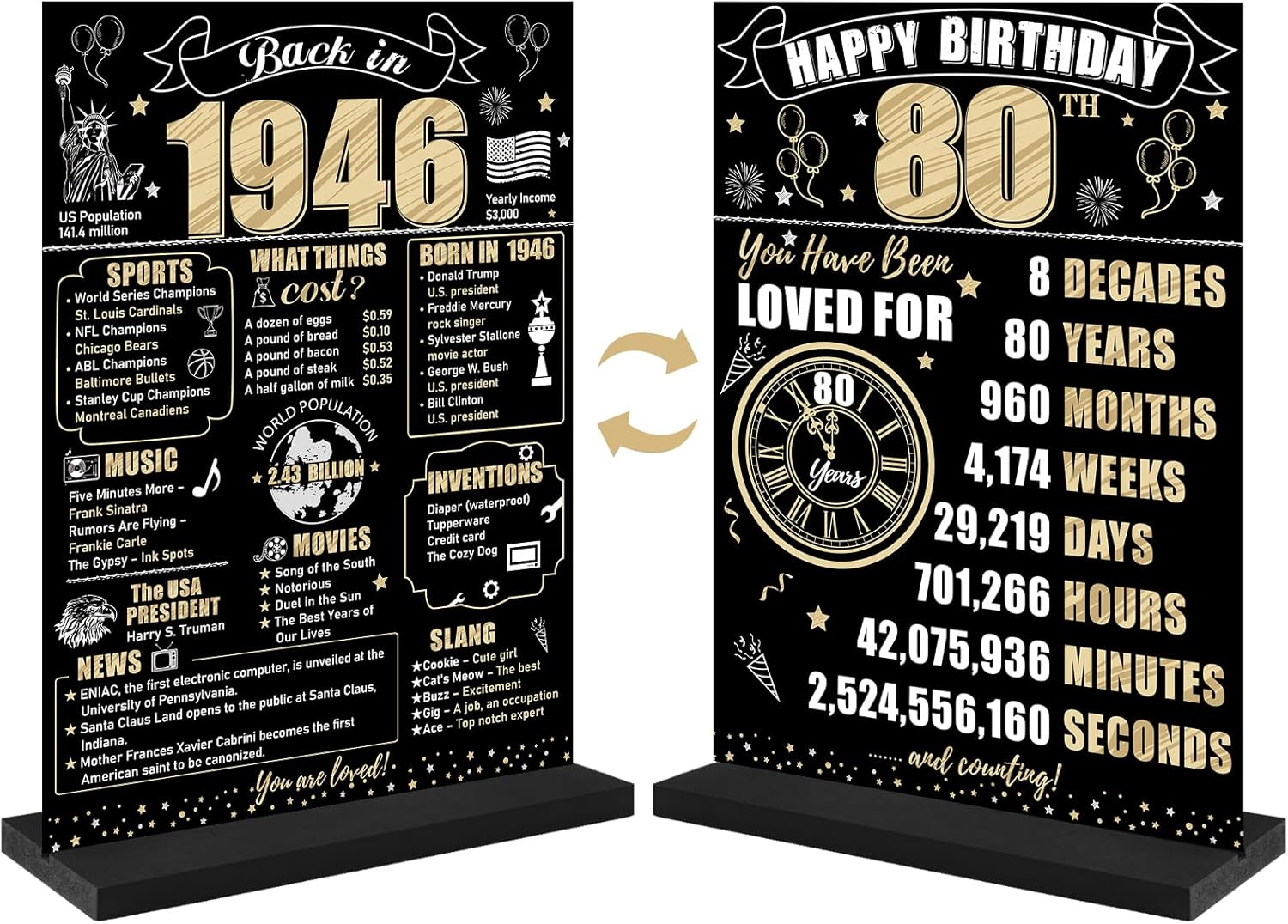 Black Gold 80th Birthday Decorations Back in 1946 Table Sign for Women Men, Two-sided 80 Birthday Wooden Poster with Stand Party Supplies, Eighty Year Old Bday Display Holder Table Decor