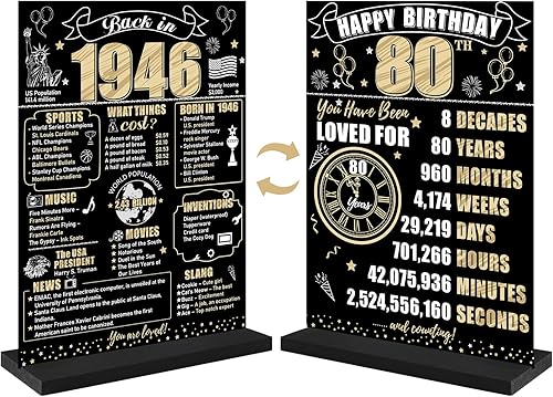 Letrero de mesa de cumpleaños número 80 de color negro y dorado para mujeres y hombres, póster de madera de 80 cumpleaños de dos caras con soporte