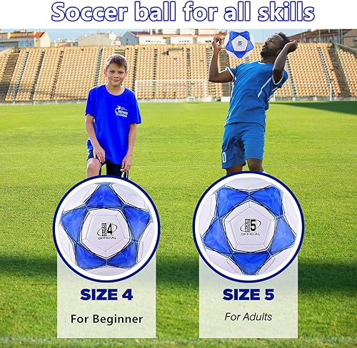 Miniatura 4 de Pelotas de fútbol clásicas desinfladas tamaño 4/5 con bomba y bolsa de malla para interior y exterior, césped, entrenamiento, práctica de 2-Azul