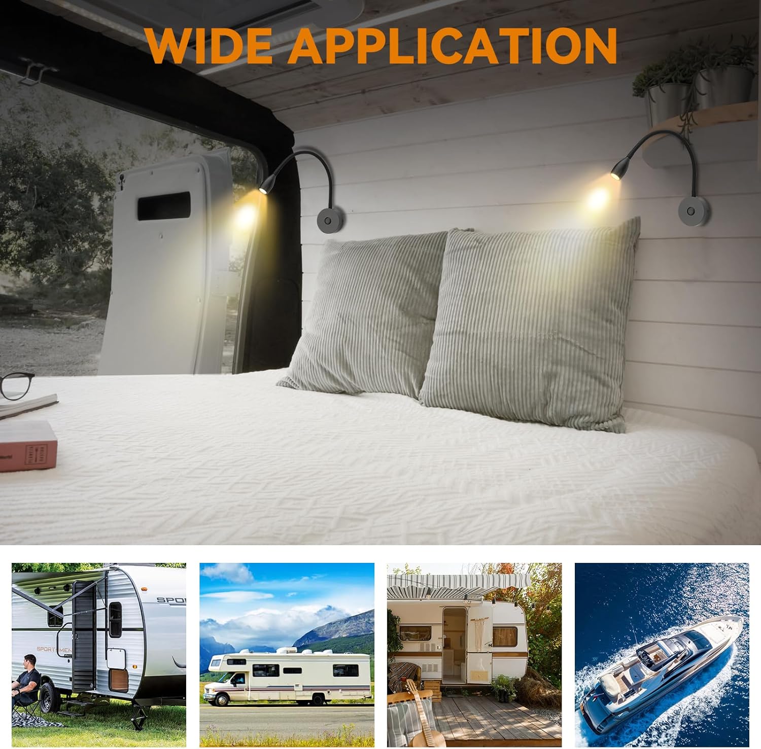 12V LED Reading Light RV Bedside Dimmable Reading Light with USB Charging Port 12 Volt Flexible Gooseneck Lamp for RV Boat Camper Van Travel Trailer Interior Lighting, 2 Pack