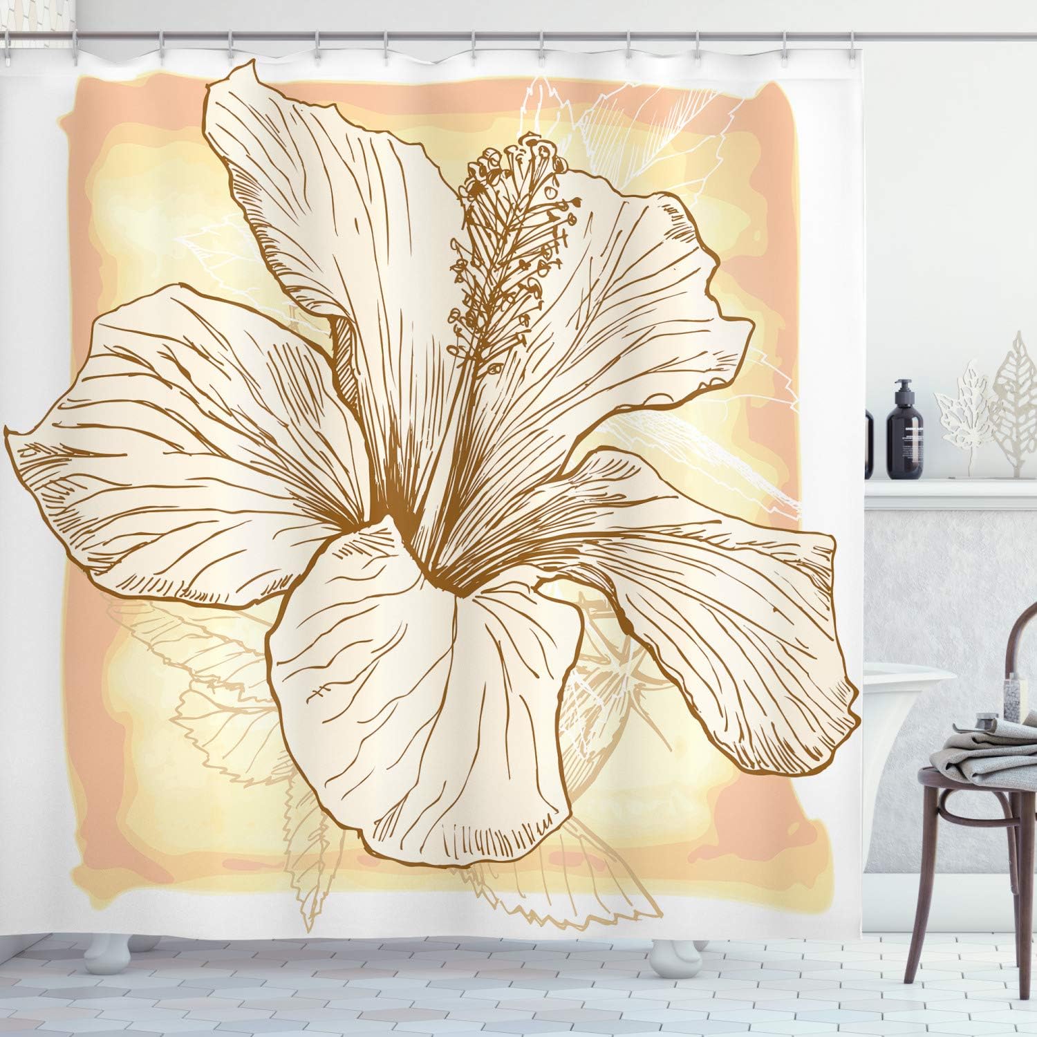 Ambesonne Floral Shower Curtain, Large Hibiscus Flower Petals Blooms in Soft Pastel Tones Wild Exotic Plant Print, Cloth Fabric Bathroom Decor Set with Hooks, 69" W x 84" L, Salmon Peach